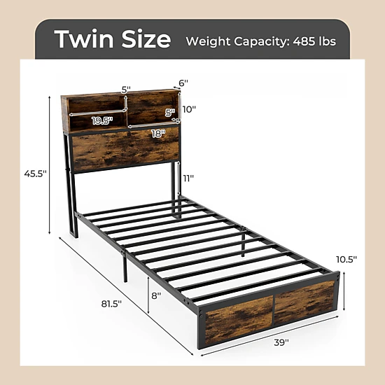 SUGIFT Twin Size Bed Frame with Storage Headboard 485-lb Capacity Rustic Brown