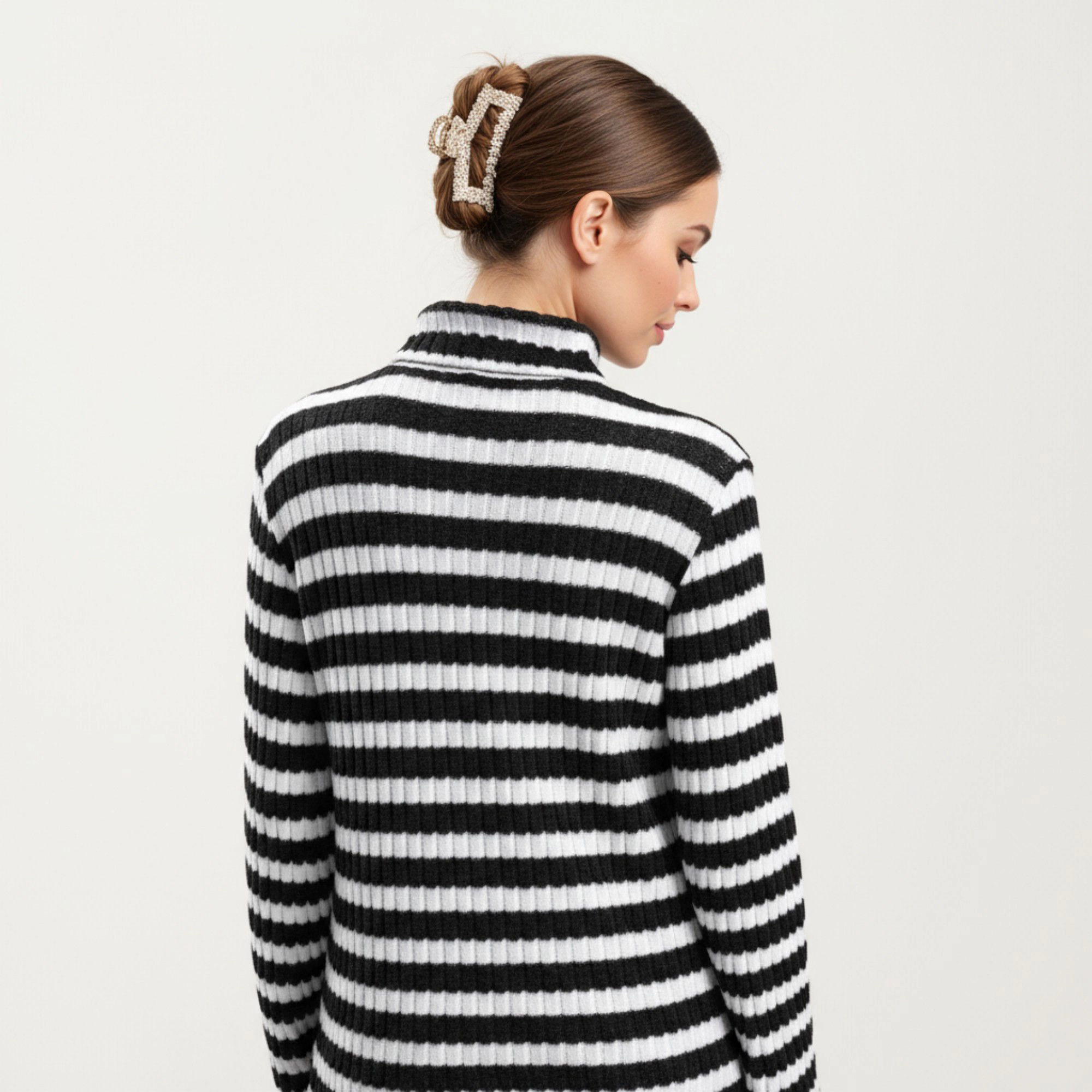 Anna-Kaci Women's Striped Ribbed Turtleneck Tunic Length Relaxed Fit Long Sleeve Pullover Top