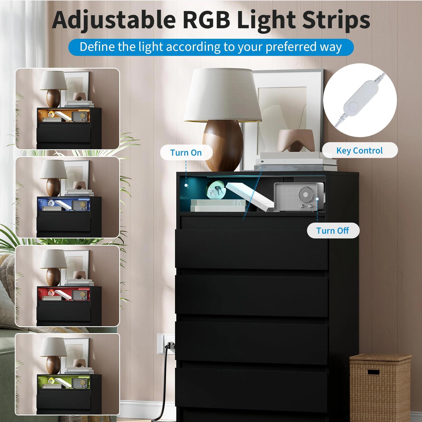 4 Drawer Dresser with Charging Station & LED Lights, Modern Chest Power Outlets for Bedroom