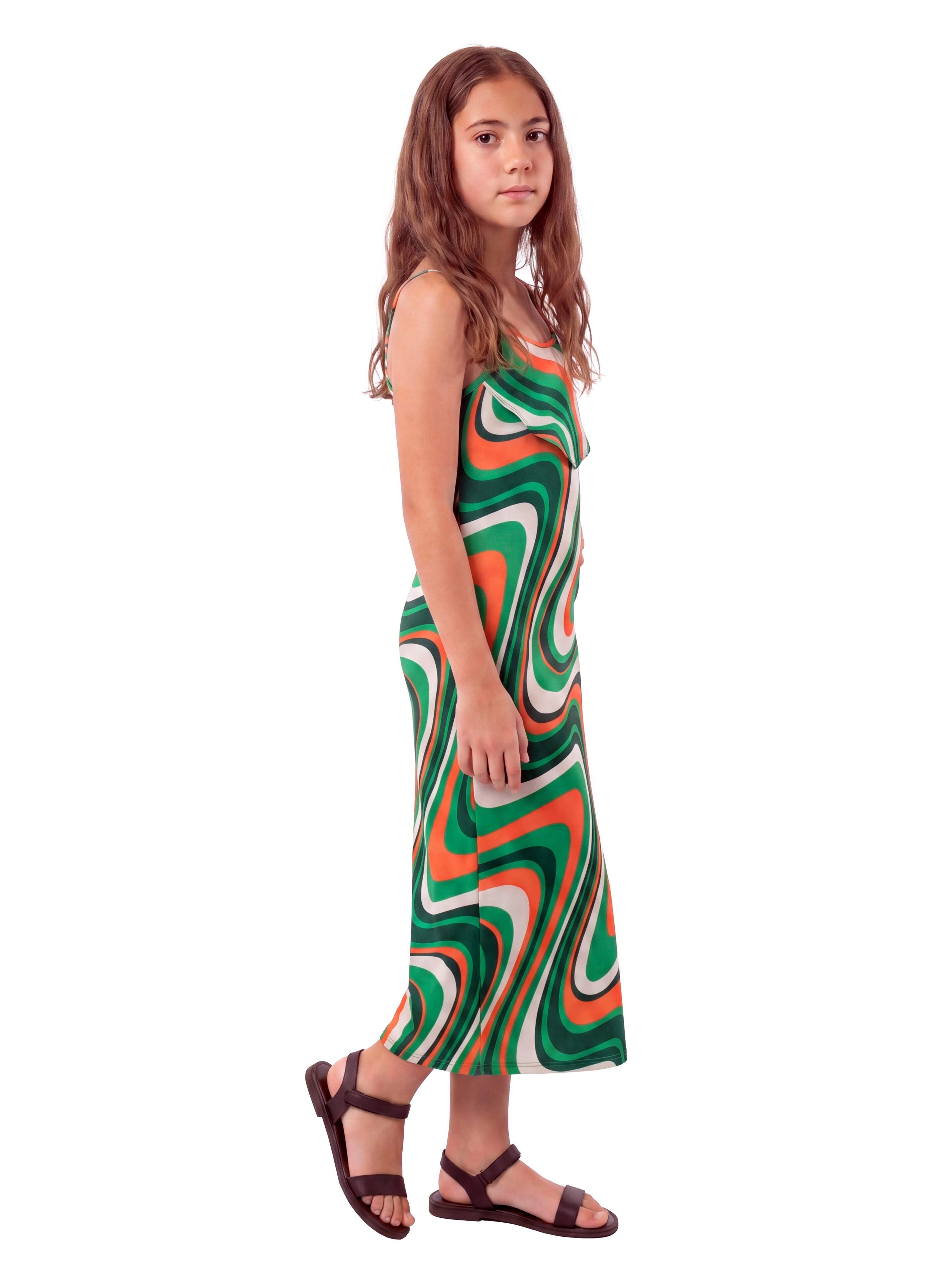 24sevenKid Essential Girls Green Ruffle Spaghetti Strap Maxi Dress