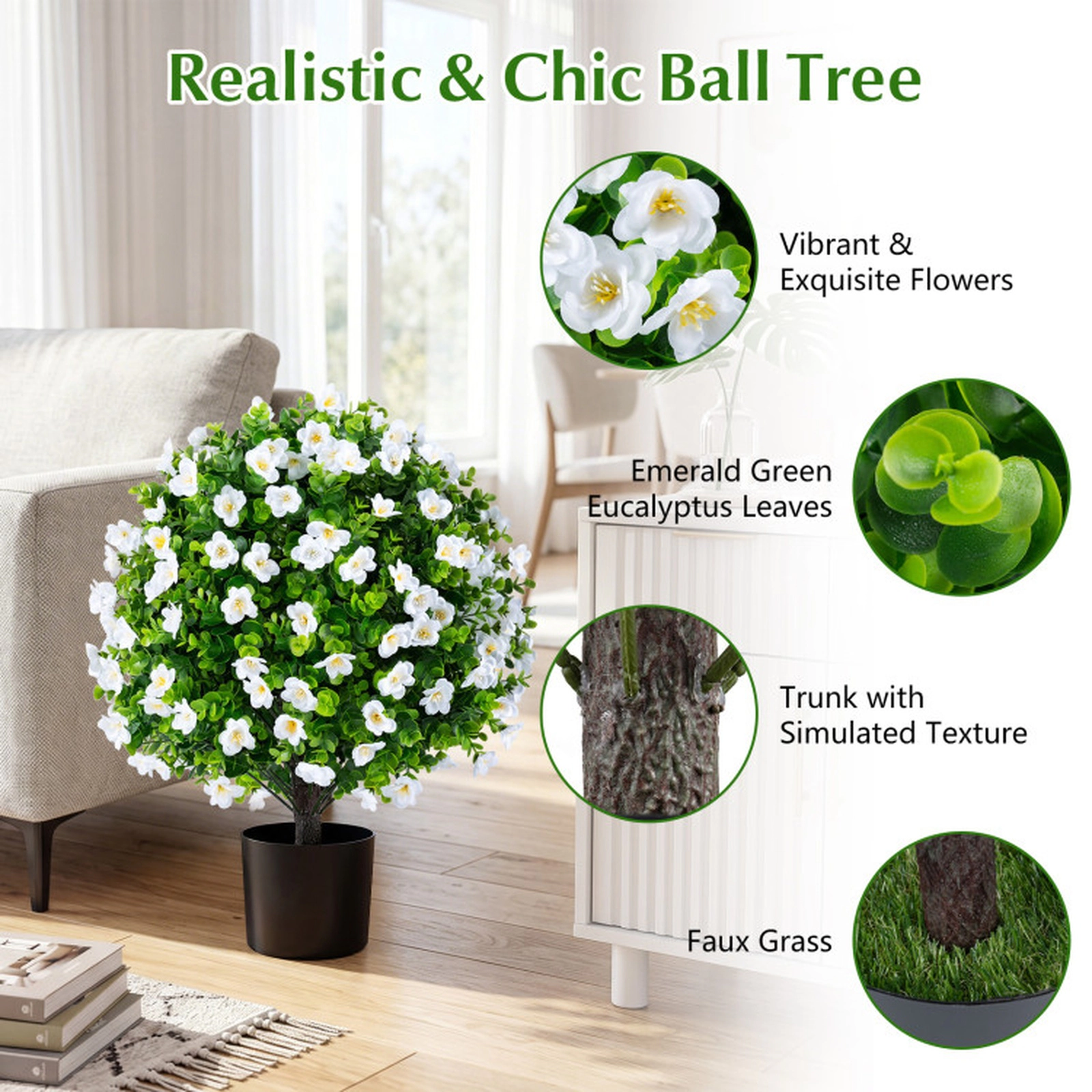 SUGIFT 2-Pack Blossom Accent Cement Planter Artificial Eucalyptus Topiary Trees 23-in Tall 6-in x 5-in Pot White