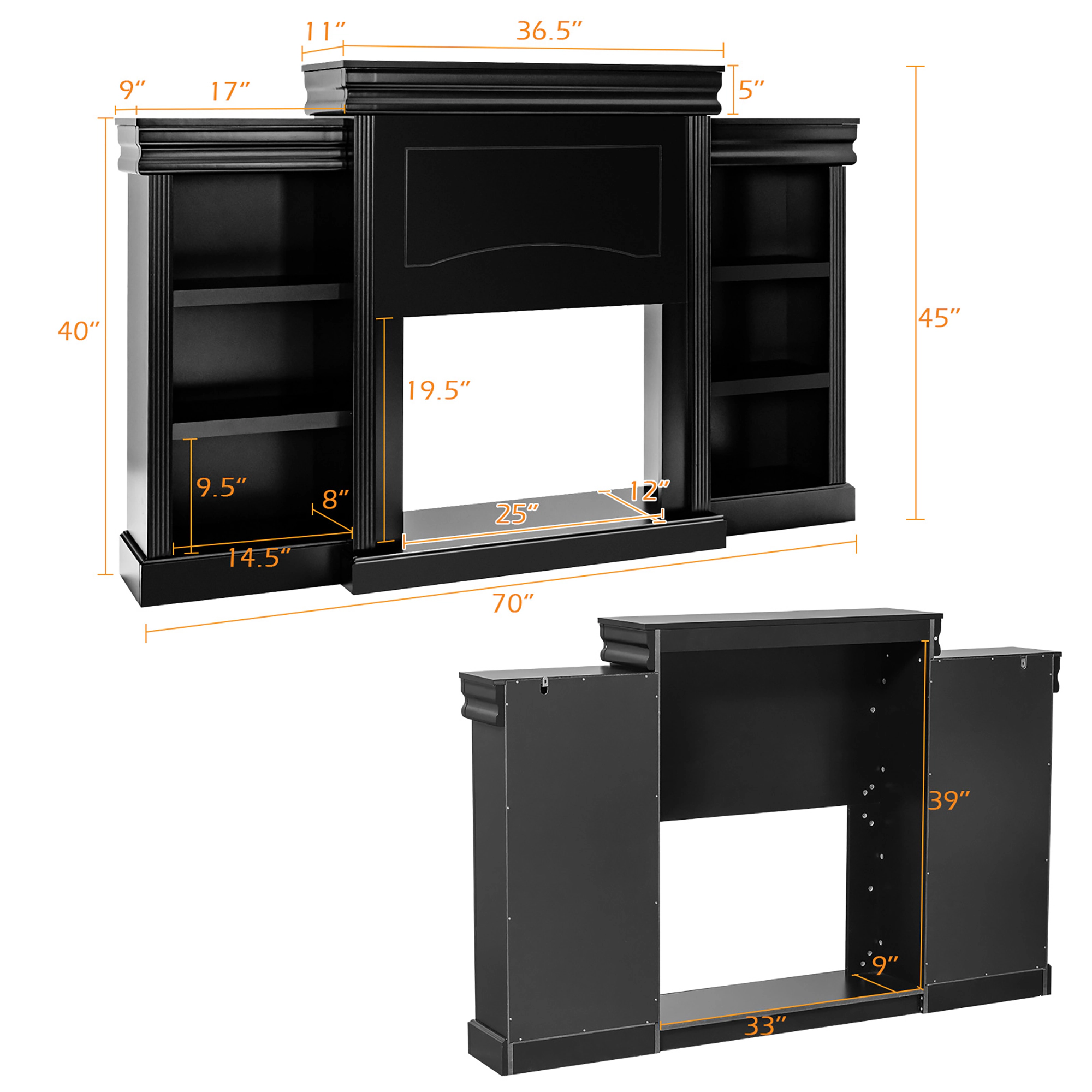 Costway 70'' Fireplace TV Stand Modern Media Entertainment Center Bookcase Black
