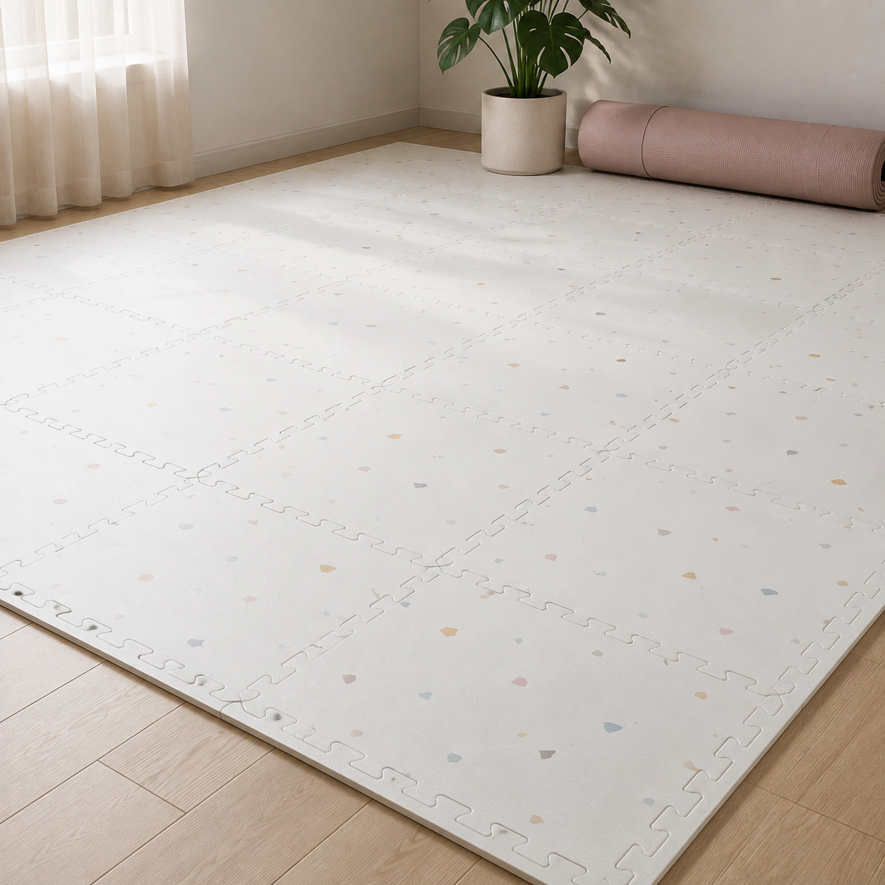 SUGIFT Light Gray Terrazzo 18-Tile 3-Layer EVA Interlocking Foam Floor Tiles with Widened End Borders