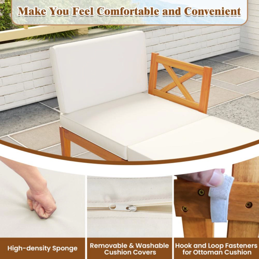 Hivvago 5 Pieces Acacia Wood Patio Chaise Lounge Chair Set With Ottoman And Cushions-White