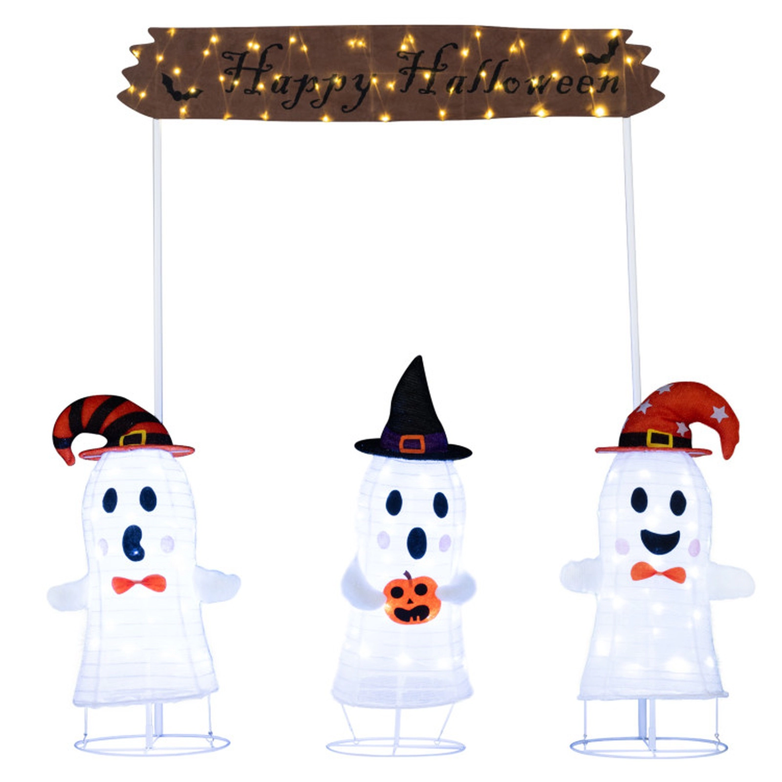 SUGIFT 4-Piece Halloween Pop Up Ghost Decoration Set with Gate Sign 170 LED Lights and 12 Ground Stakes