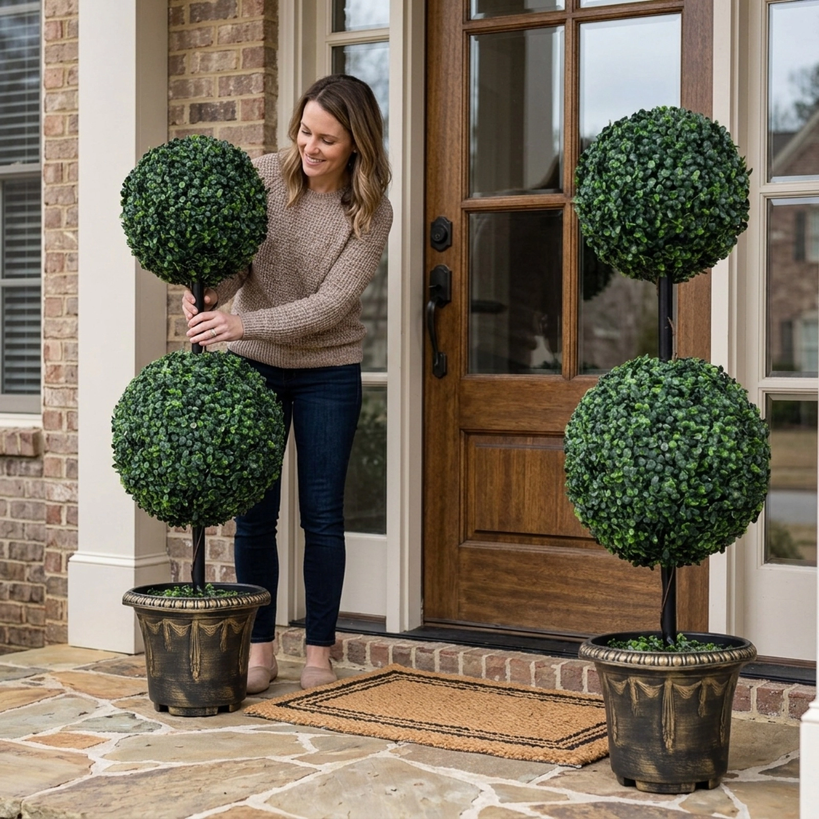 SUGIFT Set of 2 35-in Artificial Boxwood Double Ball Topiary Trees with Metal Trunks and Black Golden Pots