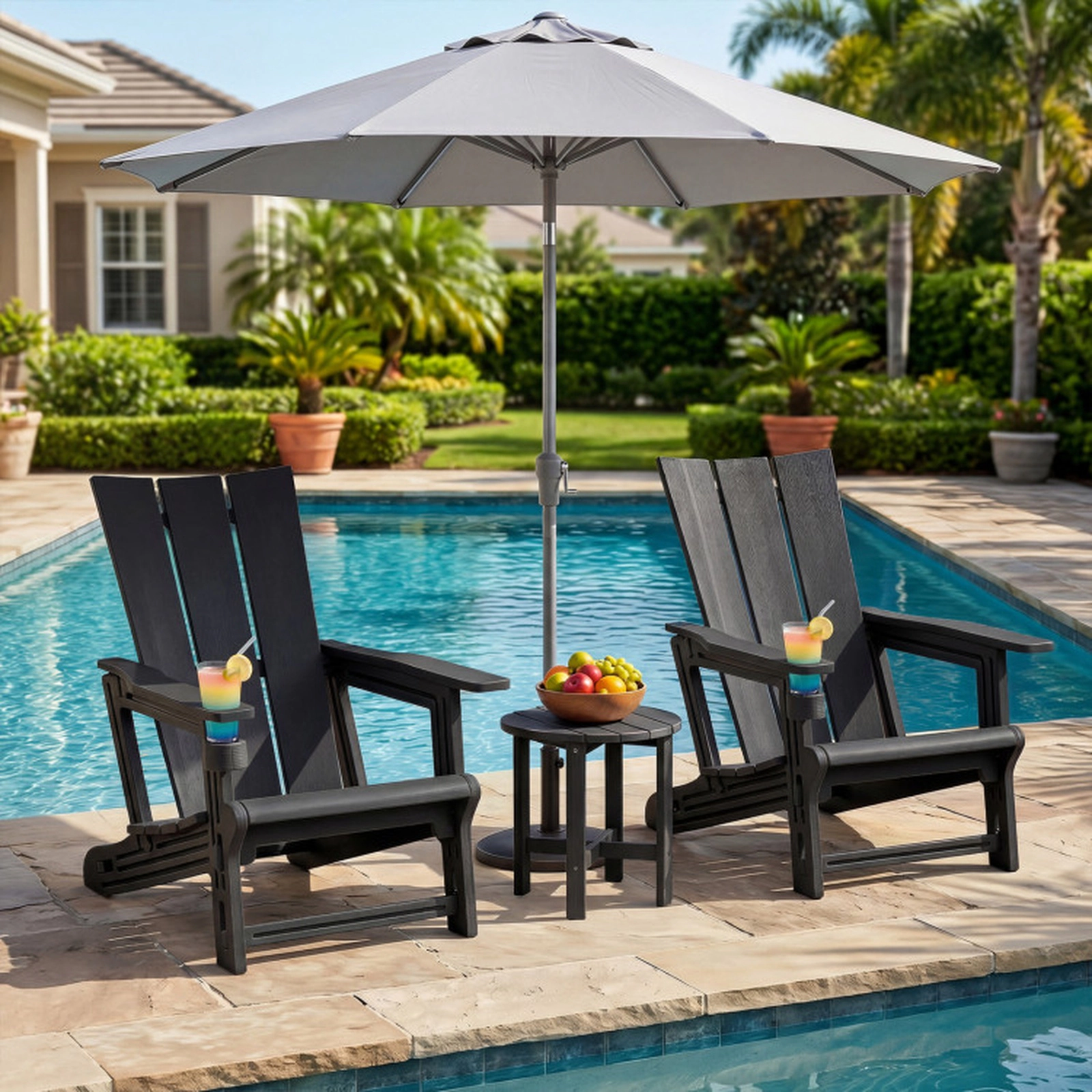 SUGIFT Cup Holder and Curved Backrest Set of 2 Outdoor HDPE Adirondack Chairs