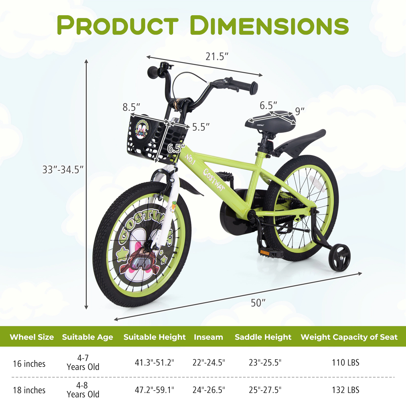 LJG Kids Bike Adjustable with Detachable Training Wheels