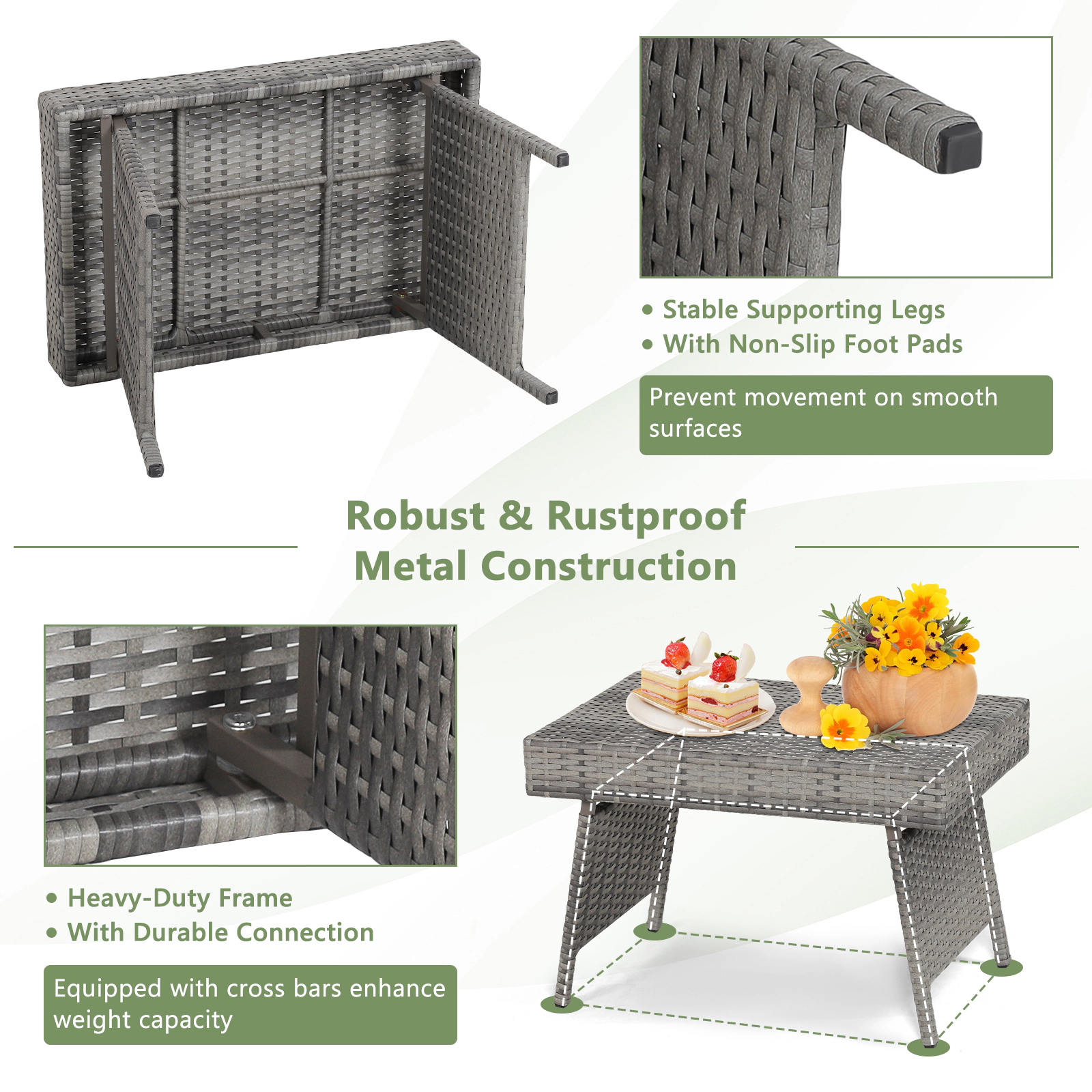 SUGIFT Gray Folding PE Rattan Outdoor Side Table, 23.5 in