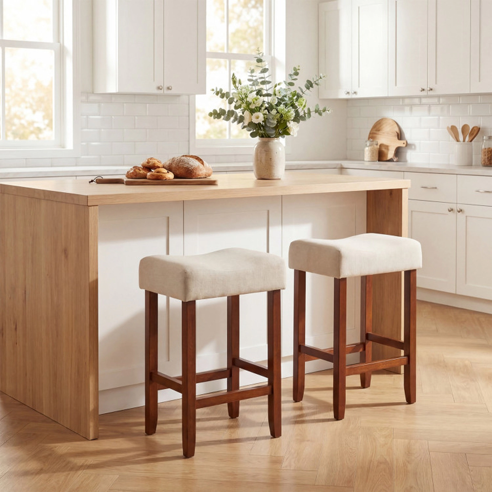 SUGIFT Curved Seat 24-in Bar Stools with Cushions 330-lb Capacity Ideal for 35-39-in Counters Set of 2 Beige Gray Brown