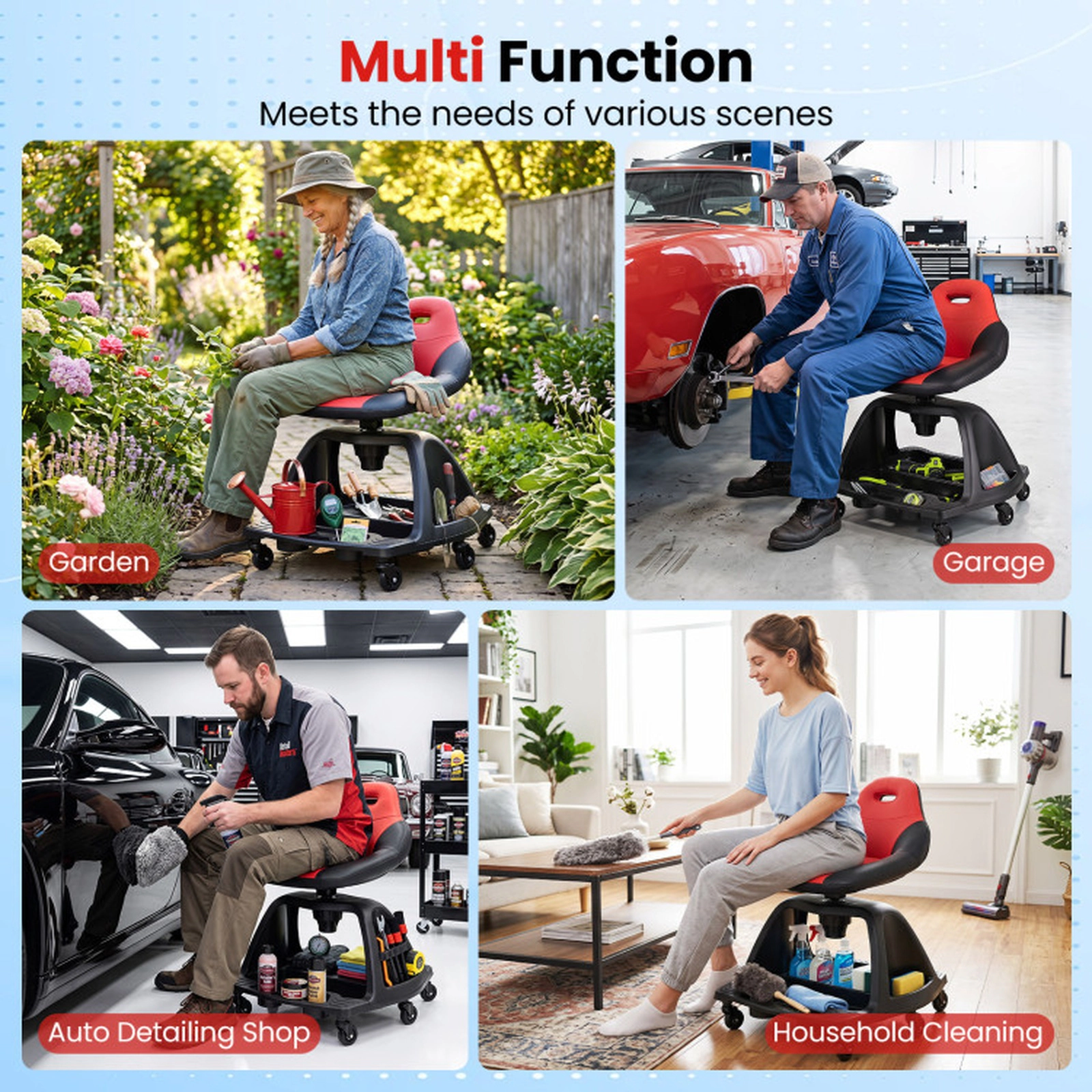 SUGIFT 6 Universal Wheels Padded Backrest Tool Tray Rolling Garage Mechanic Stool 23-in x 21-in x 29.5-in 330-lb Red