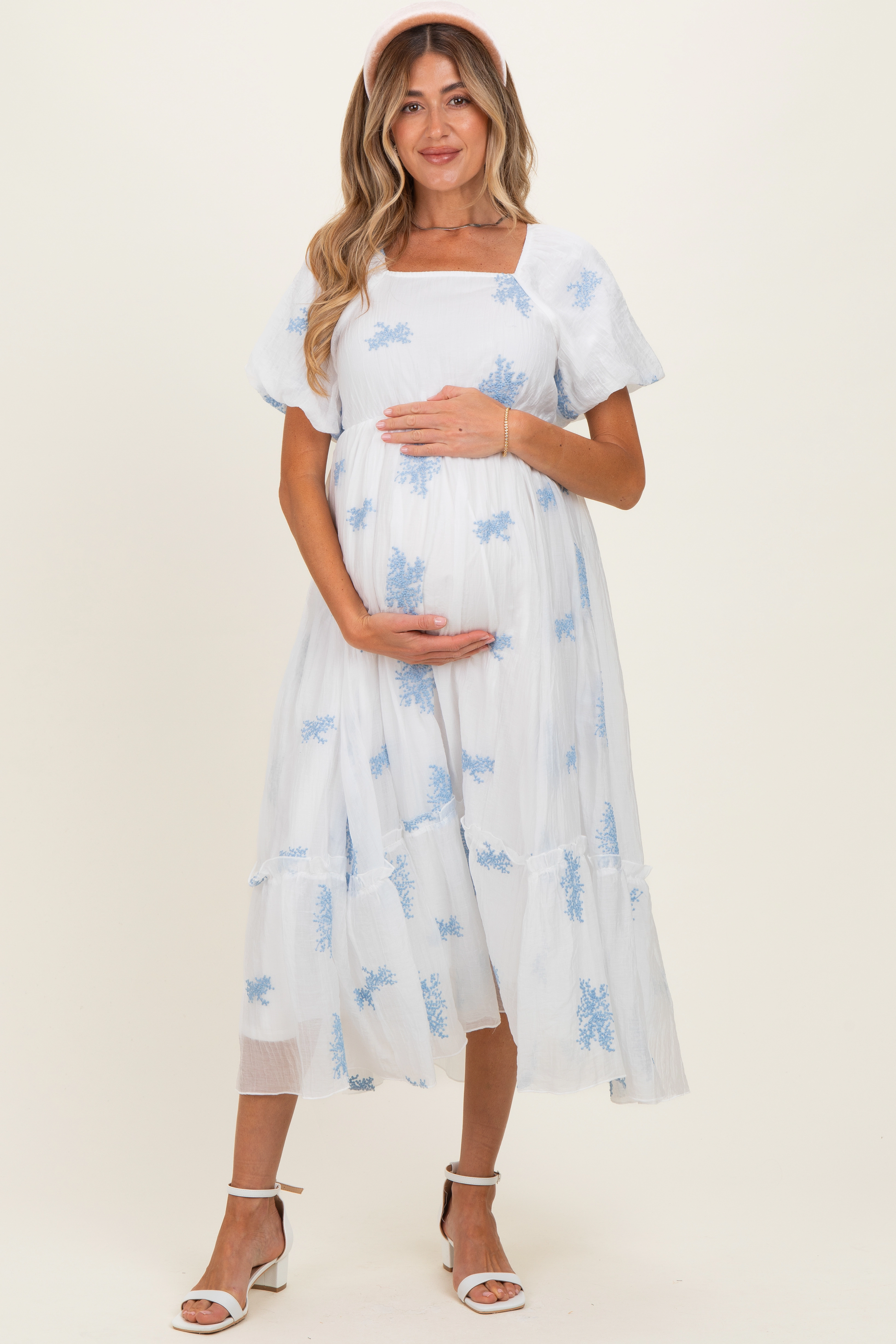 PinkBlush Womens Pink Floral Print Ruffle Hem Maternity Midi Dress