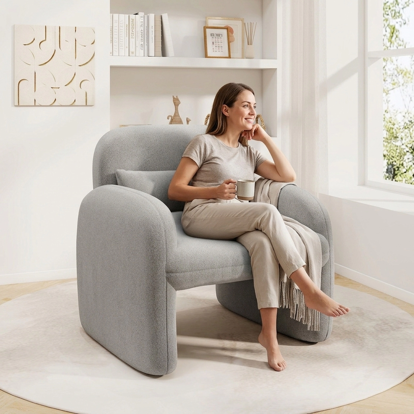 SUGIFT Modern Gray Sherpa Accent Chair, Oversized Armchair with 23-in Seat and Lumbar Pillow