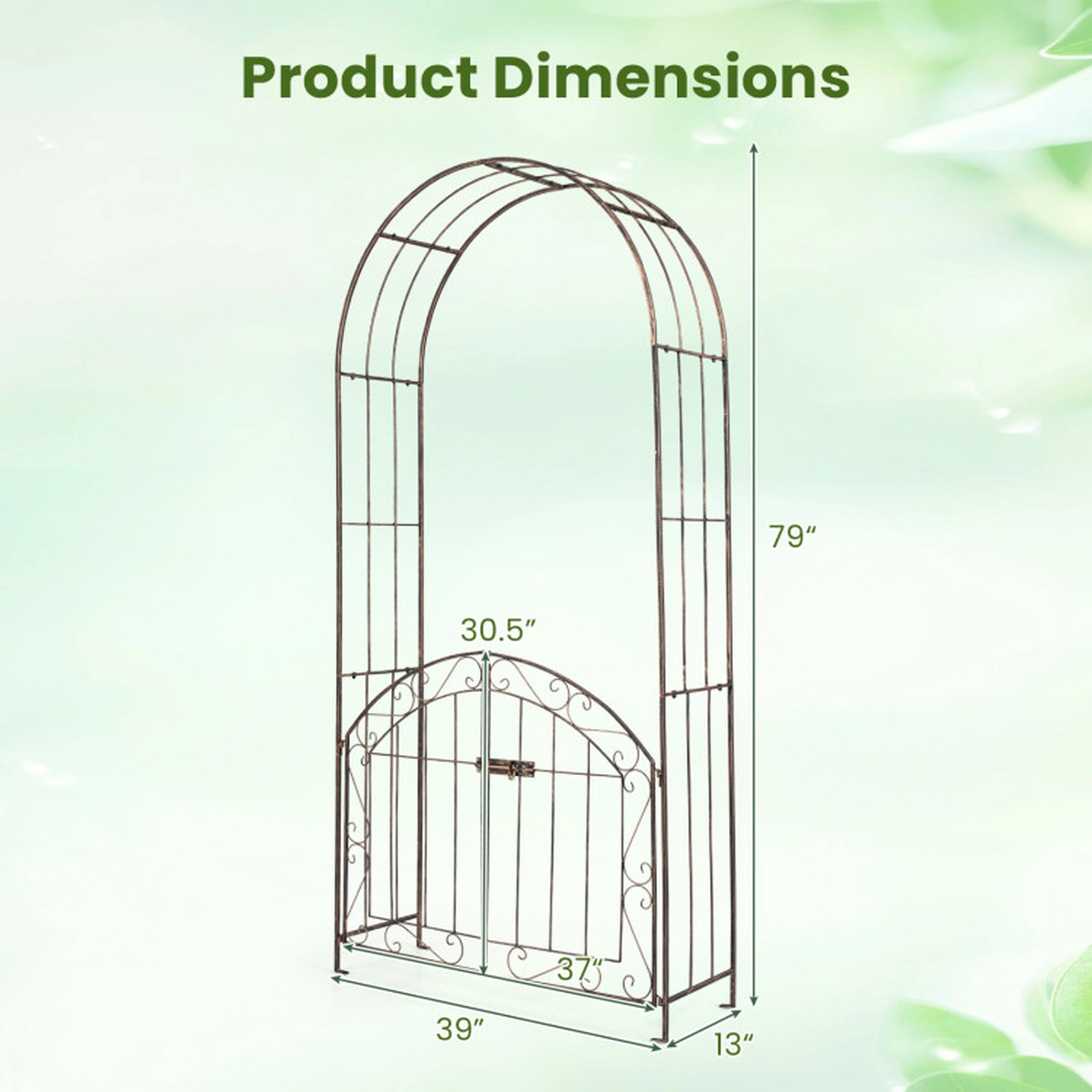 SUGIFT 79-in Bronze Heavy-Duty Metal Garden Arch with Lockable Gate Safety Latch and 4 Ground Stakes