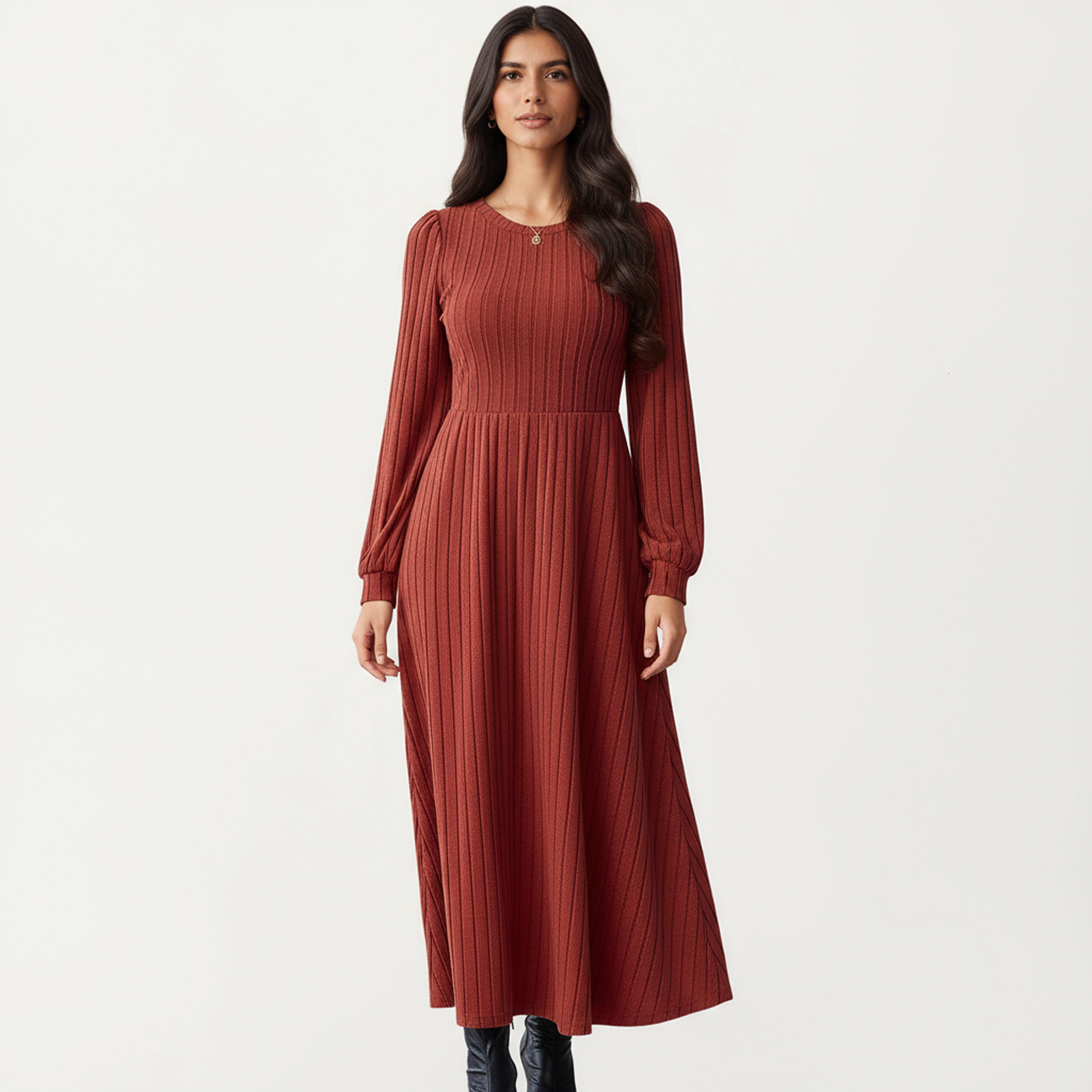 Anna-Kaci Women's Long Sleeve Pleated Fitted Maxi Dress