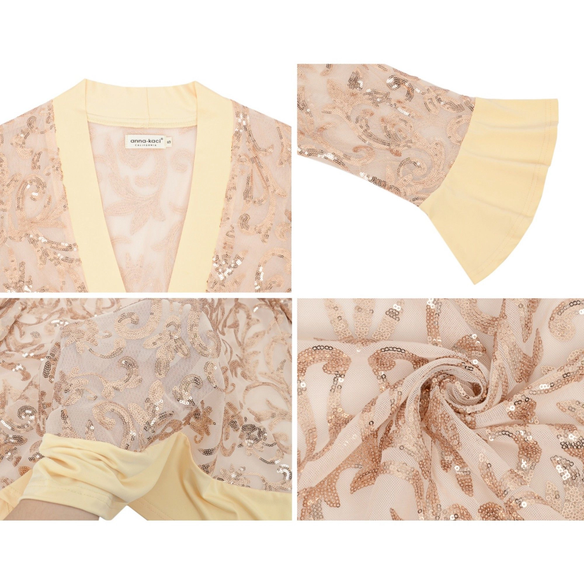 Anna-Kaci Women's Sequin Mesh Cardigan with Sheer Embellished Sleeves and Flowing Open Front Design for Layering Style