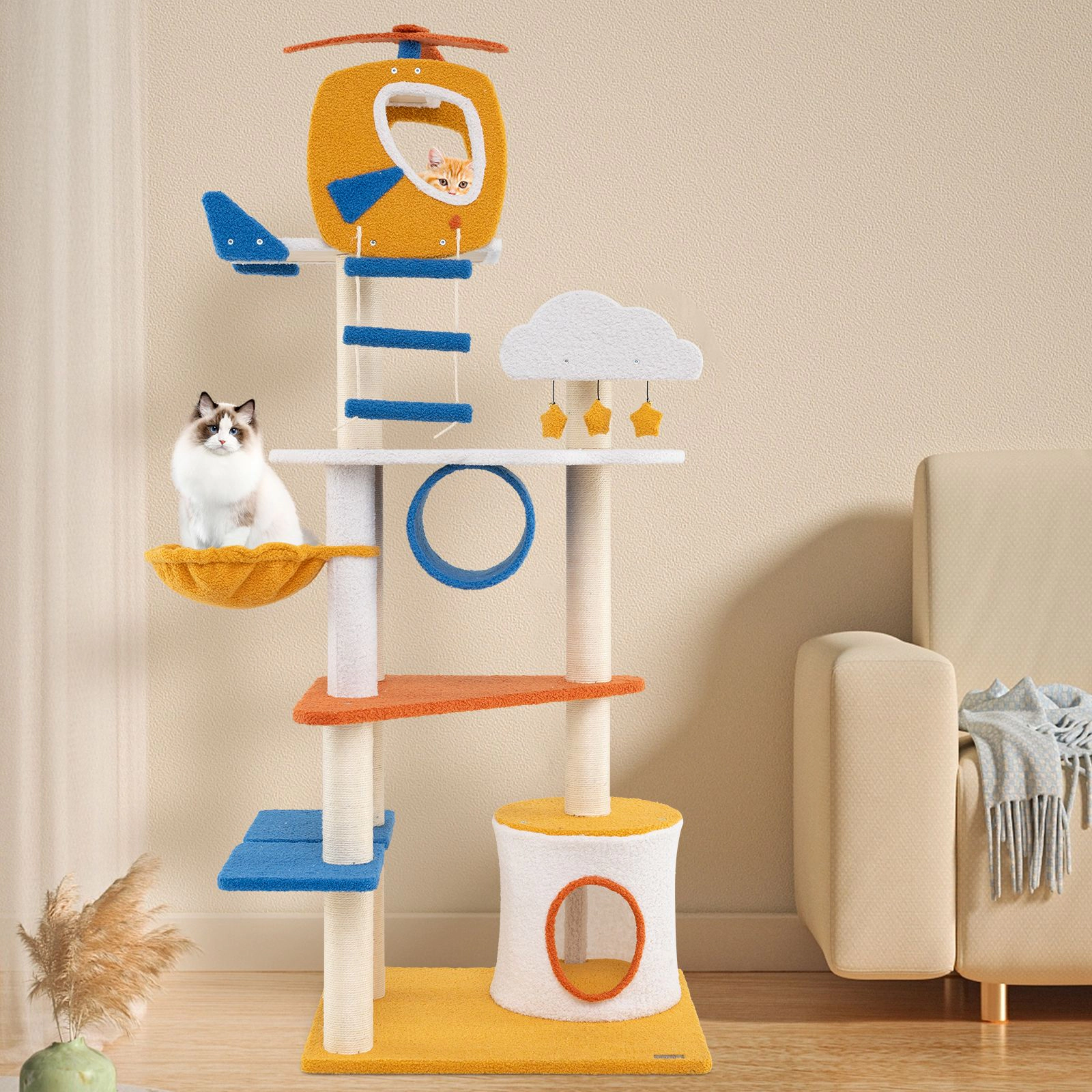 SlickBlue 70" Multi-Level Cat Tree with Rotating Basket Bed and Condo