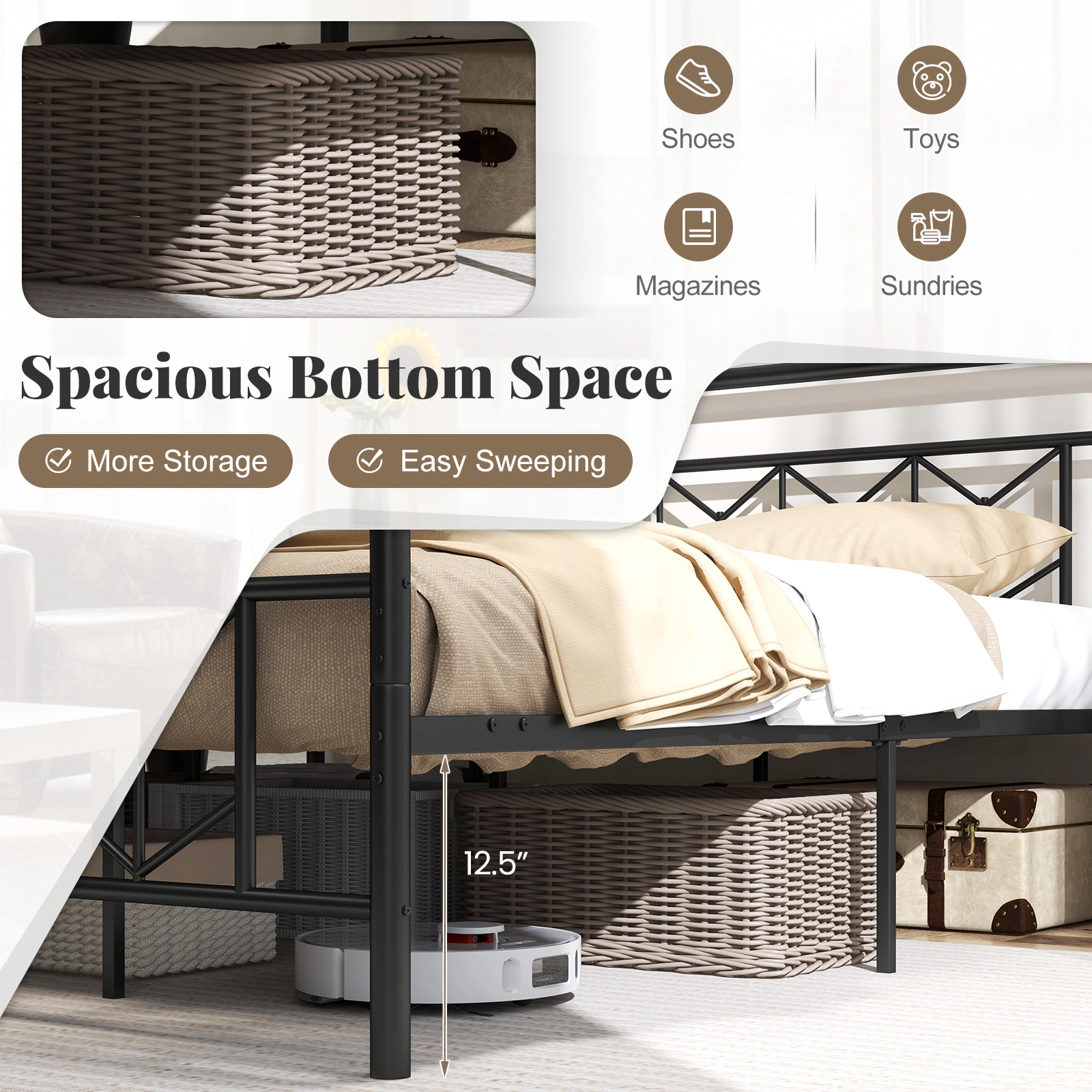 LJG Platform Bed with High Headboard and Snap Lock Metal Slats