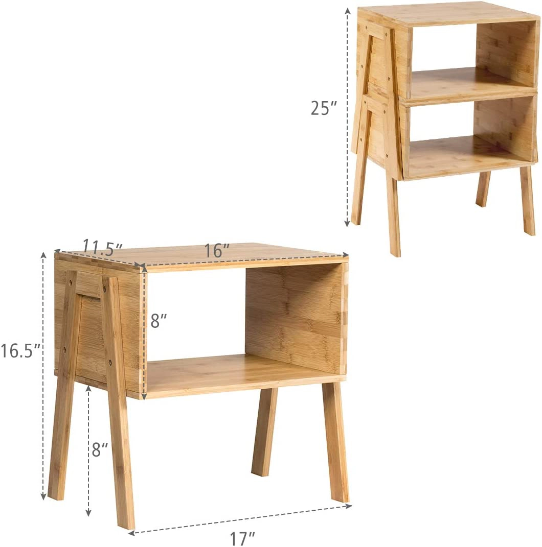Glintex 2-Piece Stackable Bamboo Side Table Set with Open Storage Compartment, Natural