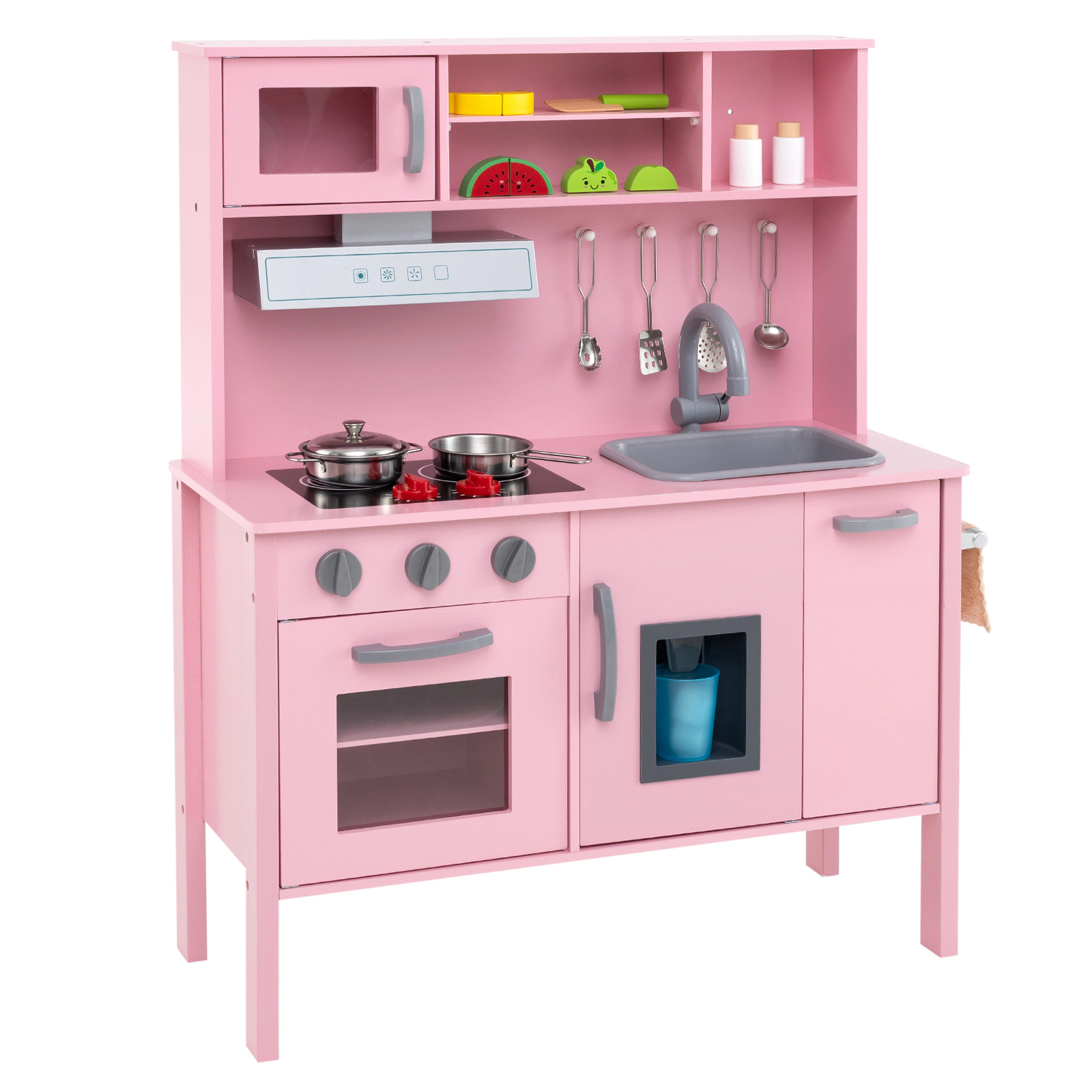 SUGIFT 28-in Pink Wooden Kids Kitchen Playset with Removable Sink Oven and Ice Maker 35.5-in H Ages 3-6