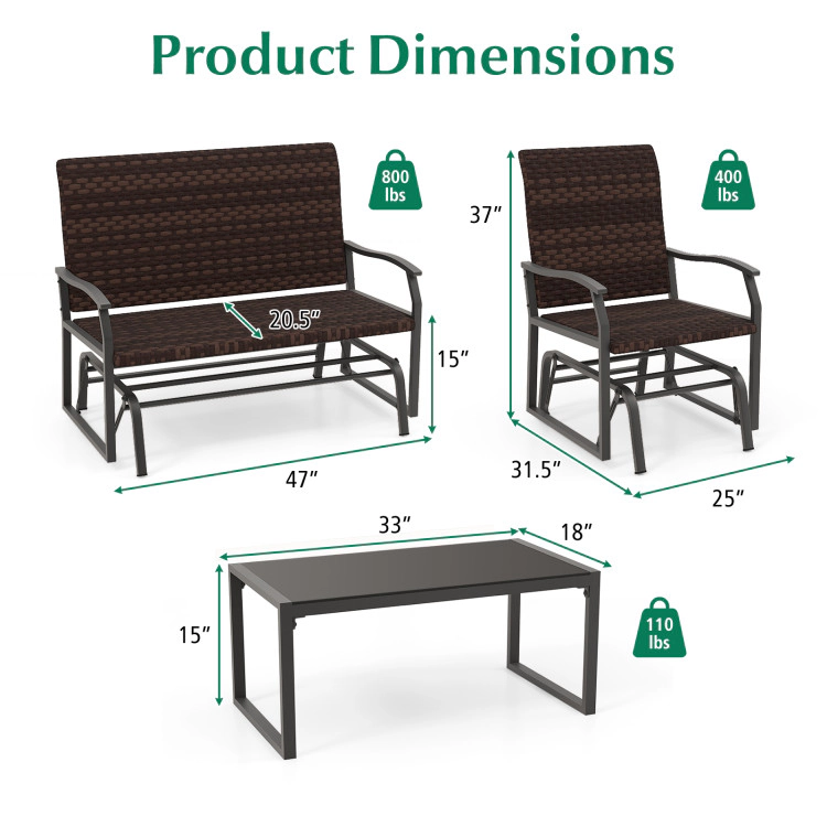 Hivvago 4 Piece Patio Gliding Furniture Set All Weather Wirh Tempered Glass Coffee Table