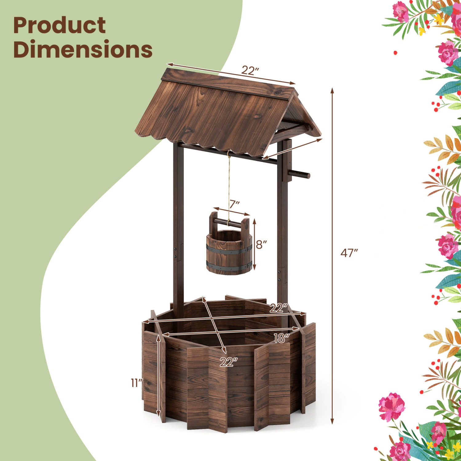 Hivvago Decorative Wooden Wishing Well Planter