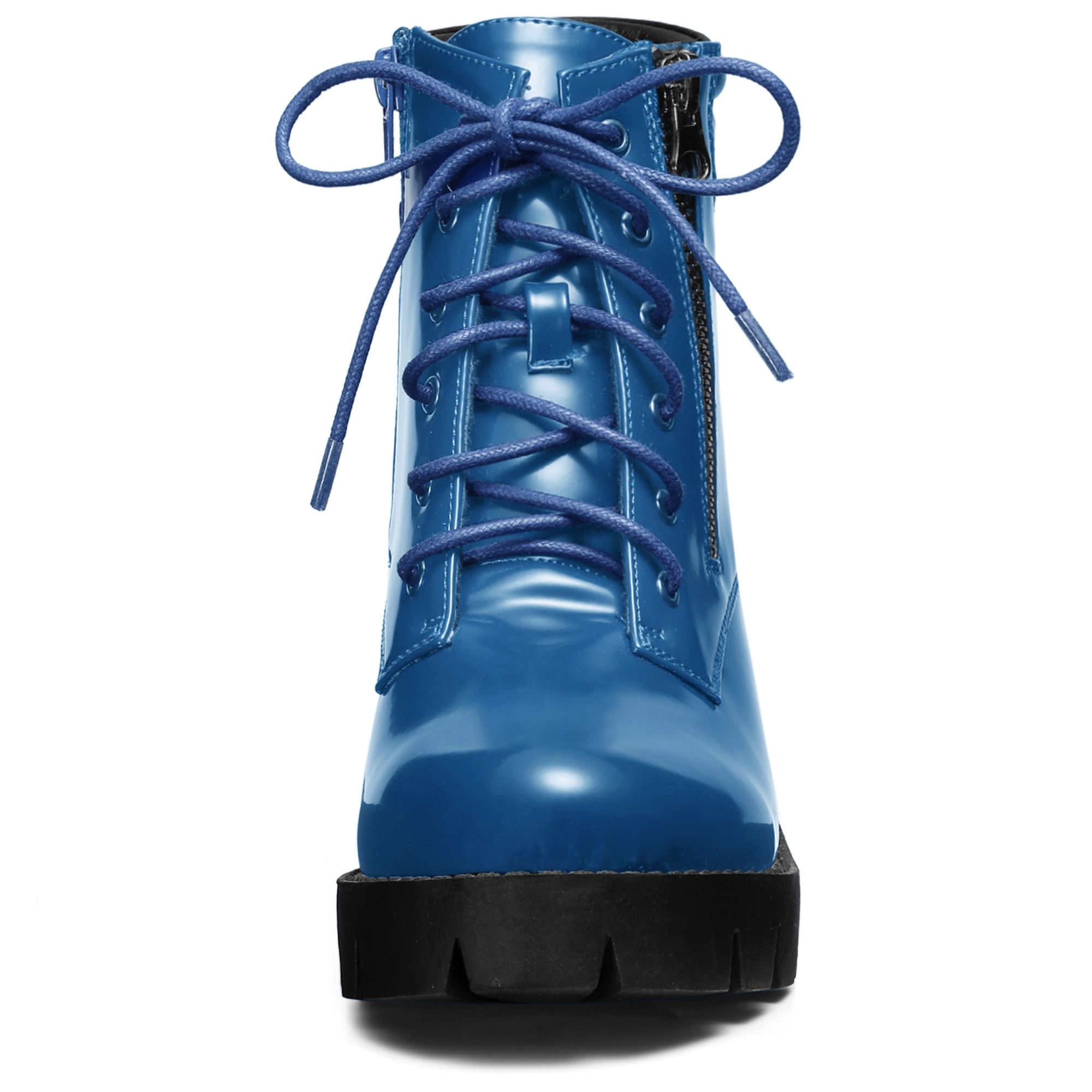 BLISSFUL STEP Women Round Toe Chunky Heel Lace Up Platform Combat Boots