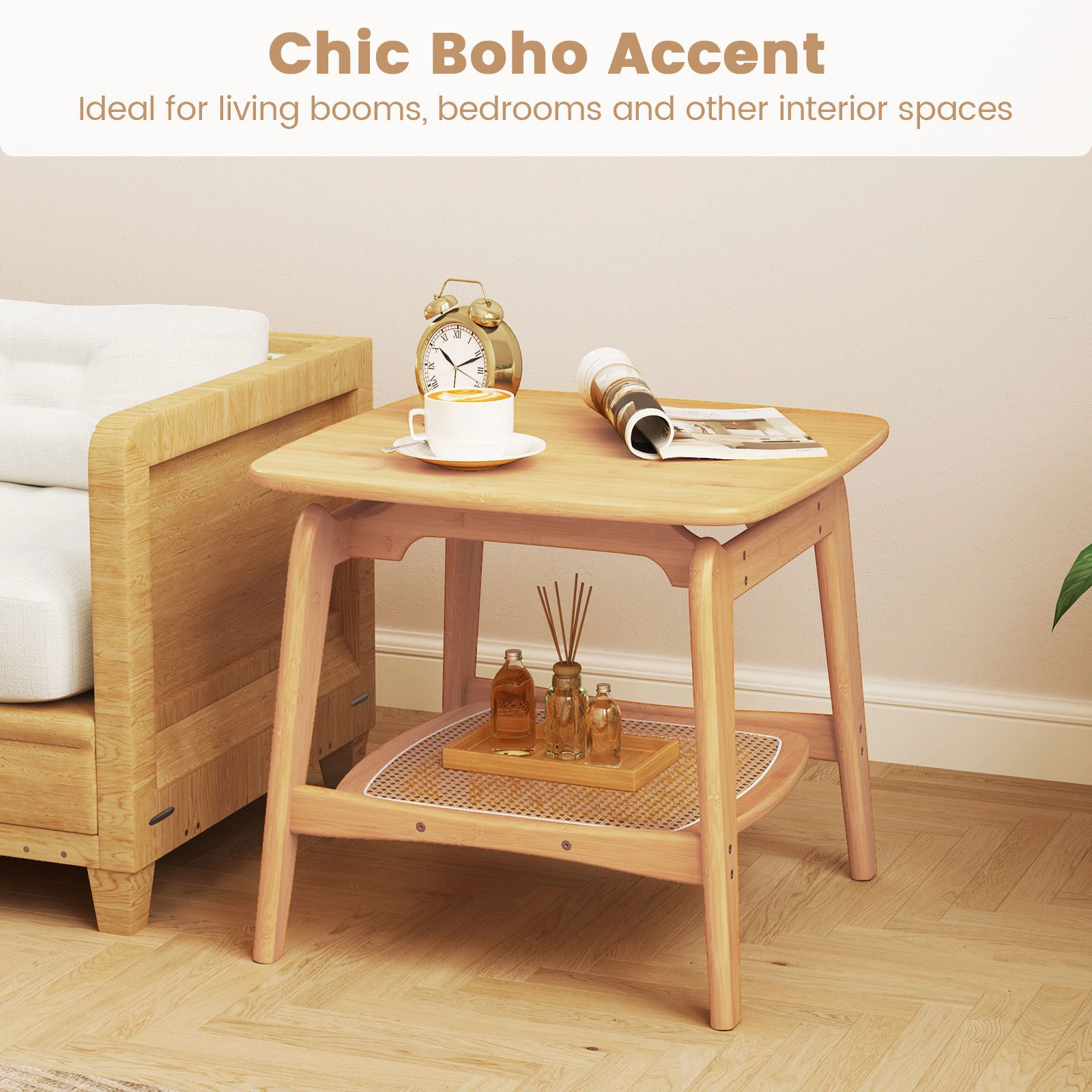 SlickBlue Wicker Sofa Side Table with 2 Tier Storage Shelf