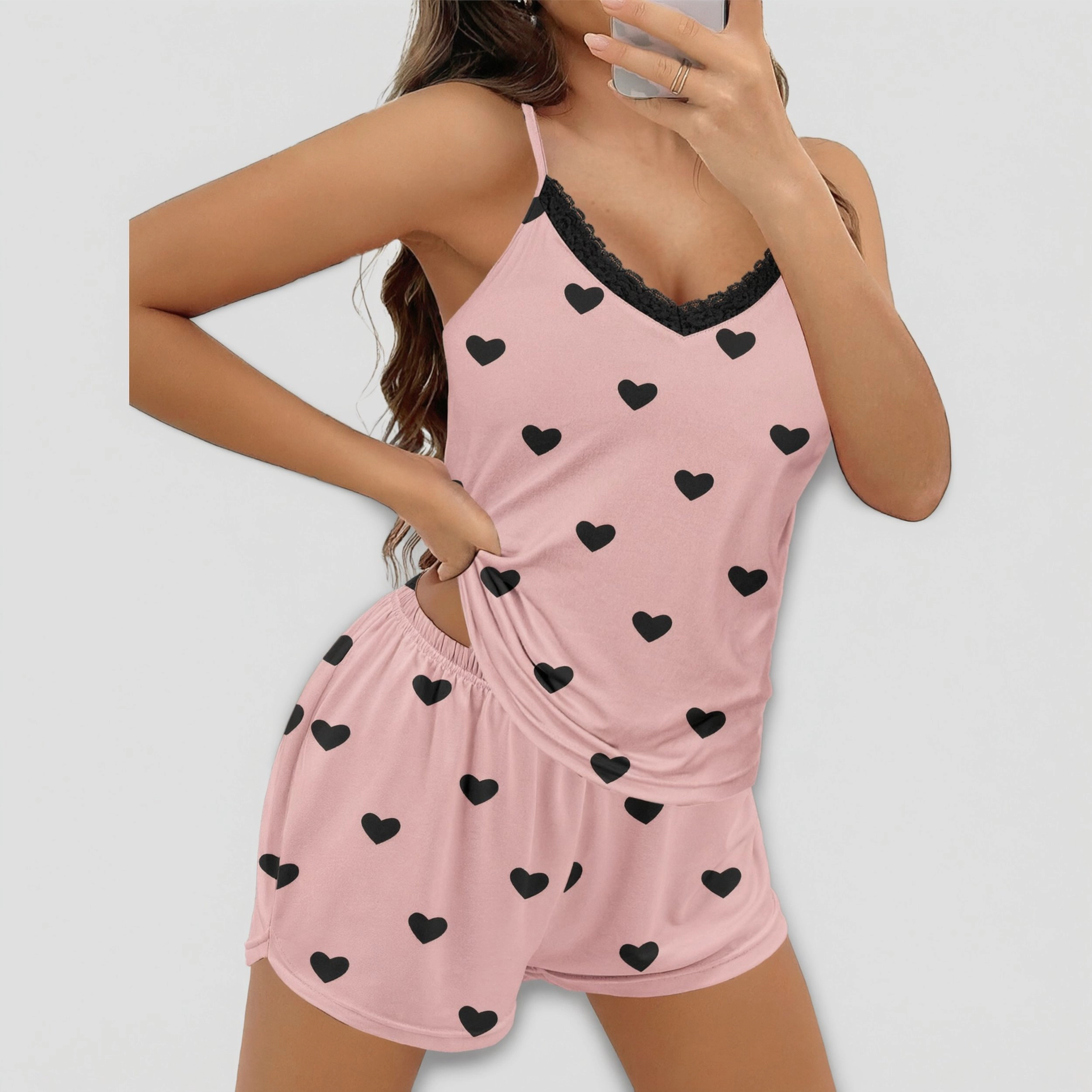 Ekouaer Pajama Sets for Women 2 Piece Soft Lingerie Sleepwear Cute Print Cami Pj Shorts Set Lace