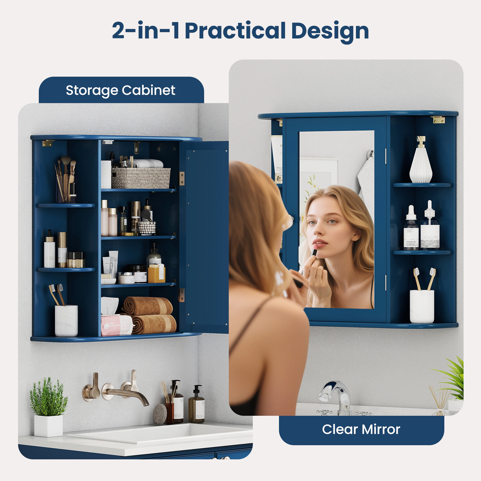 SUGIFT Wall-Mounted Bathroom Mirror Cabinet with Storage Shelves 44-lb Top Capacity Blue