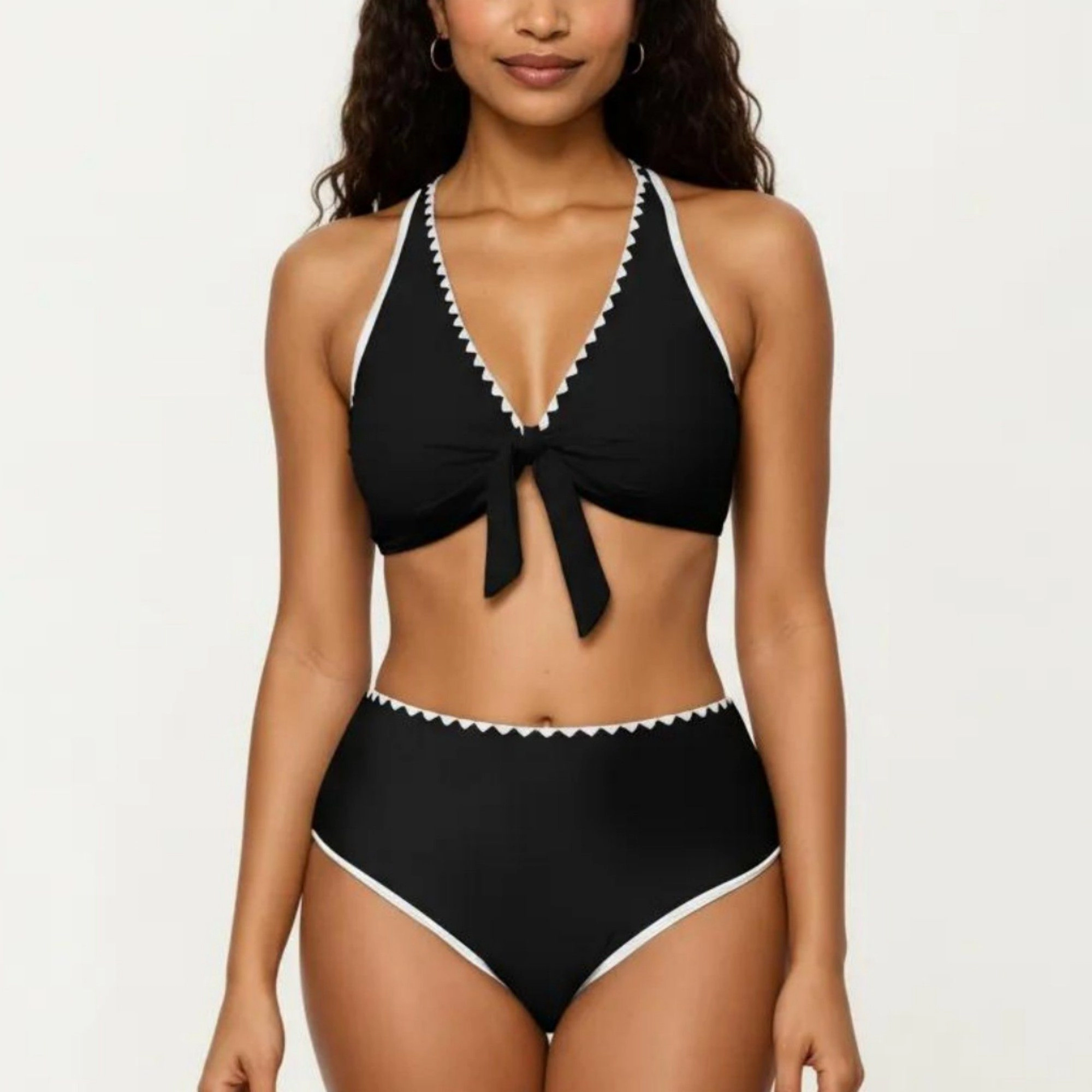Anna-Kaci Women's 2-Piece Set Tie Front Bikini Top with Scalloped Trim and High-Waisted Bottom