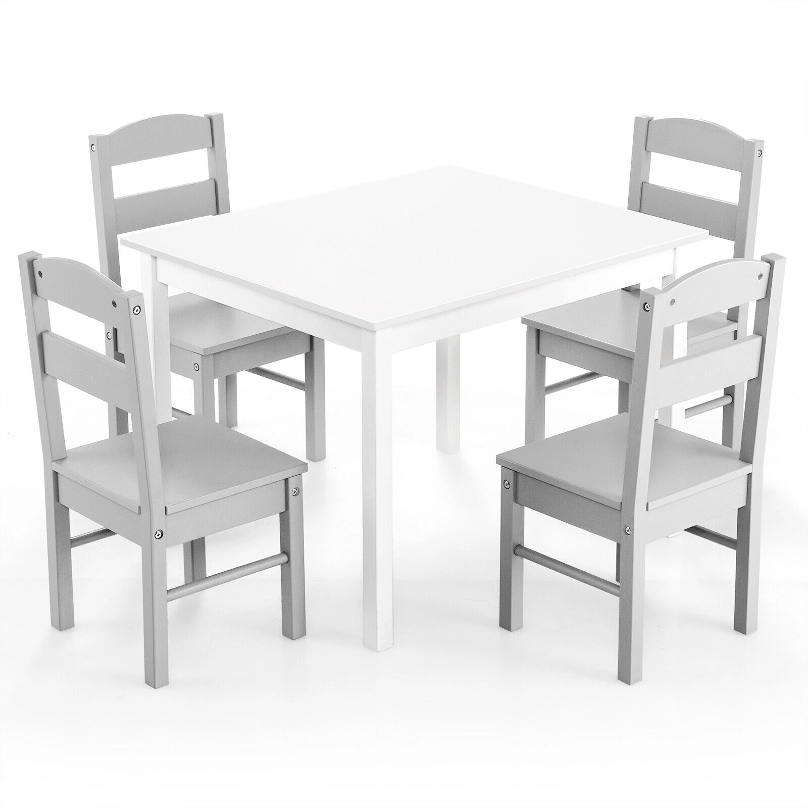 SUGIFT Kids 5-Piece Wooden Table and Chair Set 88-lb Table 110-lb Chairs Ages 2-6 White and Gray