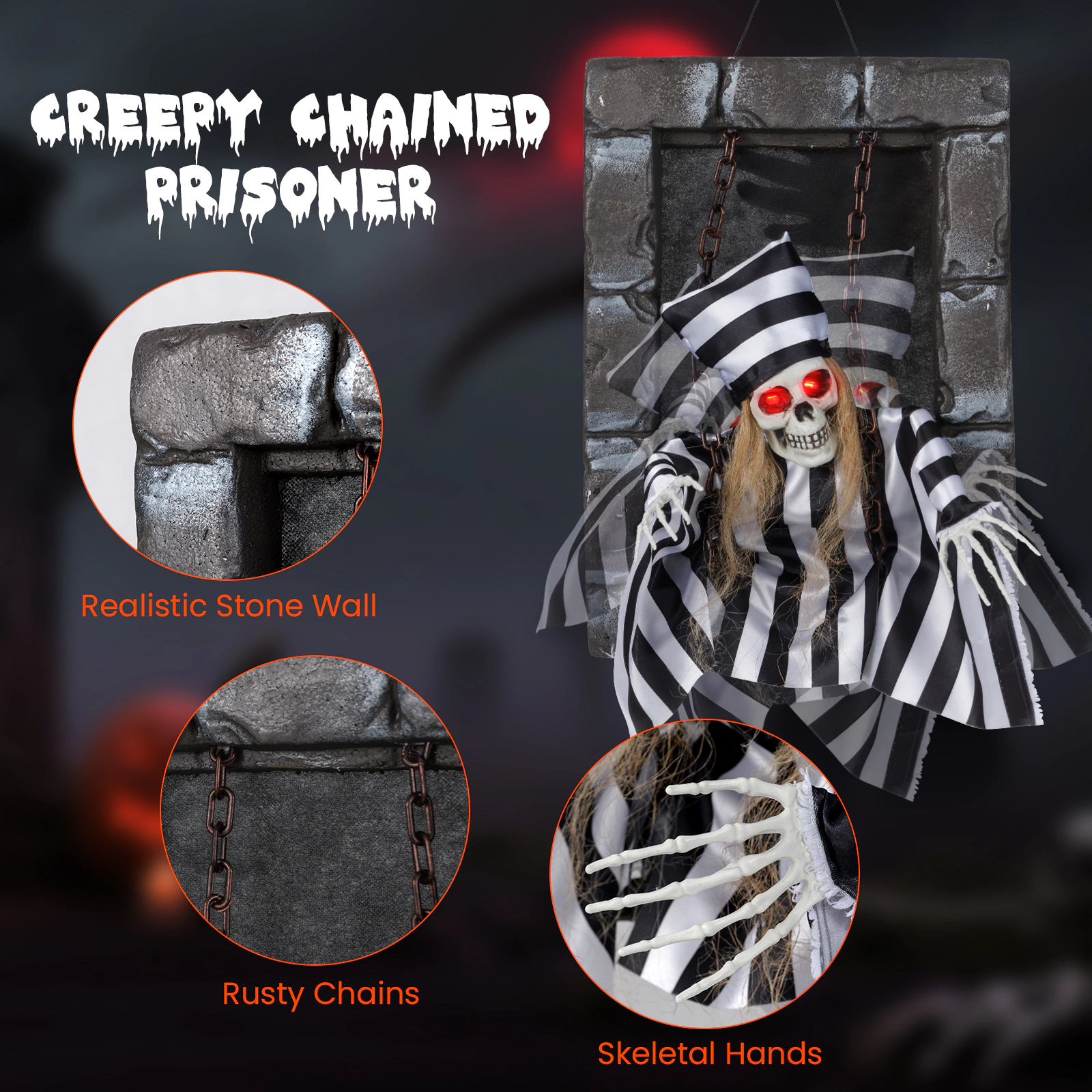 Glintex 18-Inch Animated Hanging Skull Prisoner with Sound Activation and LED Eyes, Black & White
