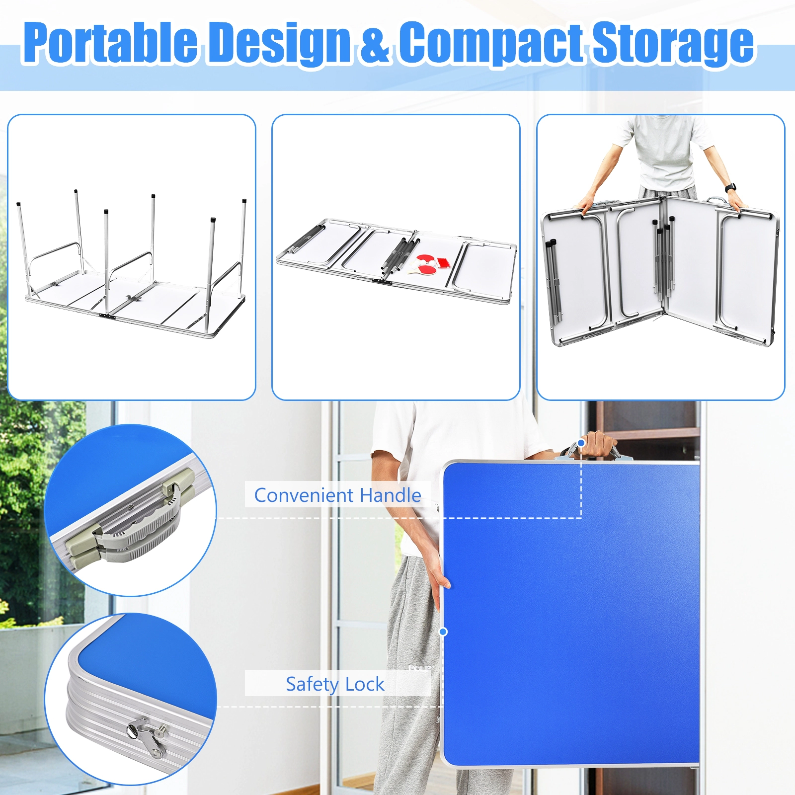 SUGIFT Blue Portable Folding Ping Pong Table with 2 Paddles Net and Built-In Handles 60-in W 30-in D 30-in H