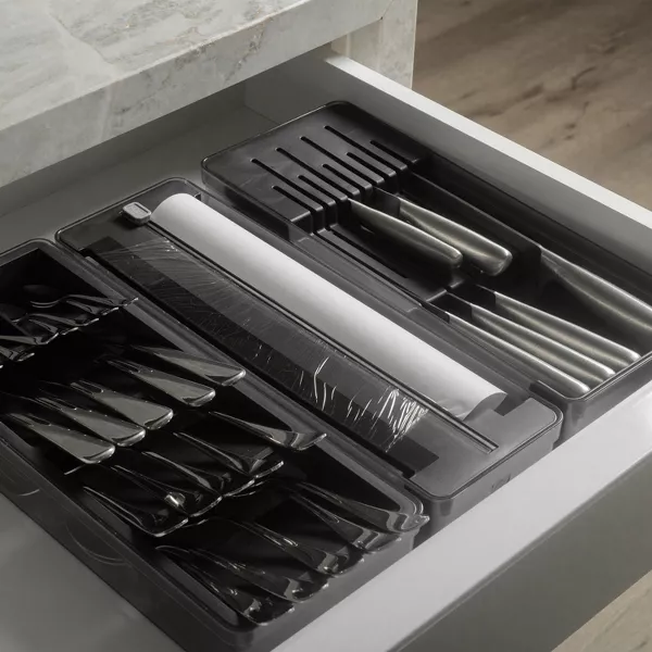OU In-Drawer Silverware & Utensil Organizer Set- Knife Holder, Roll Dispenser for Foil Wrap Cutlery Tray Drawer Insert