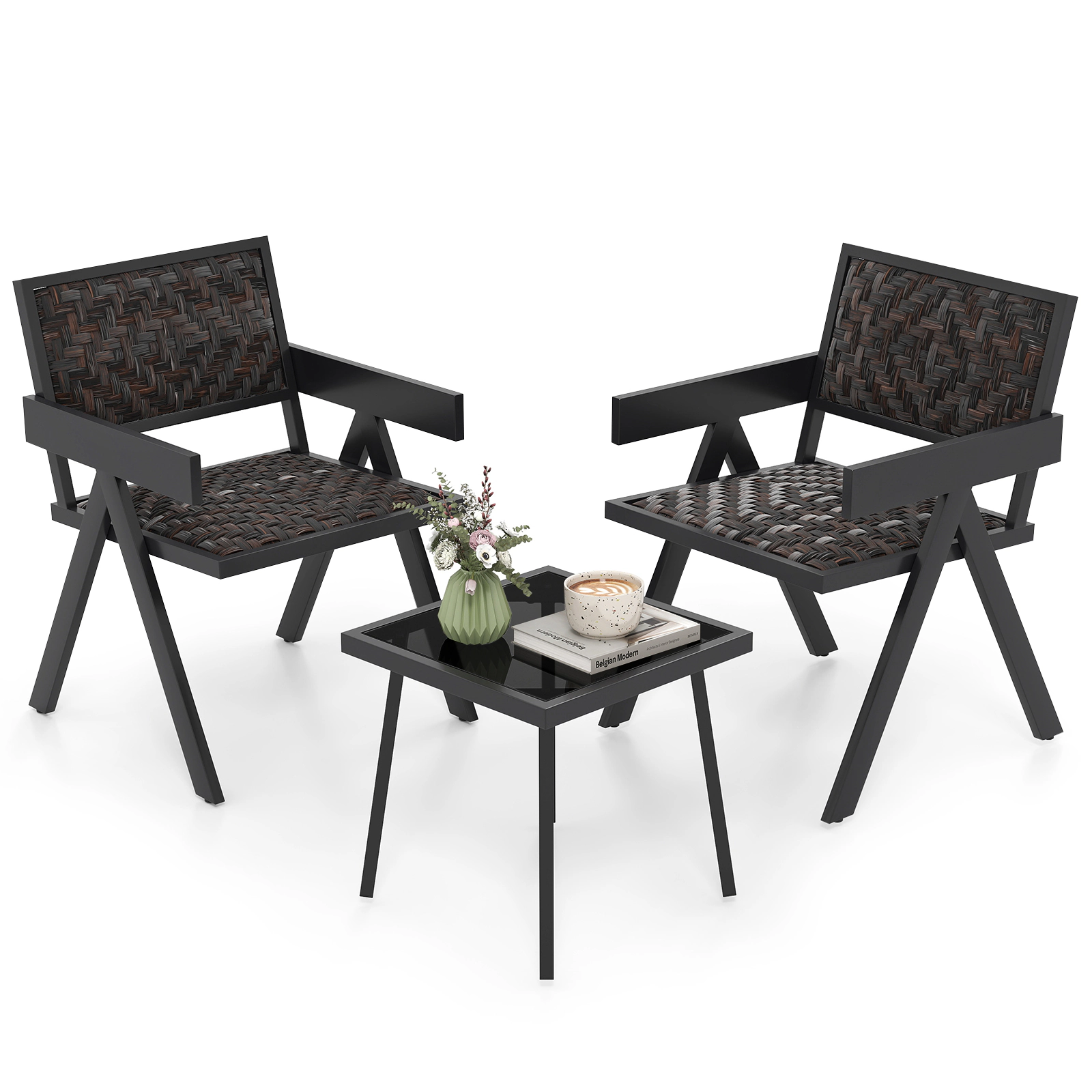 LJG 3 Pieces Patio PE Wicker Bistro Set with Quick-Drying Foam