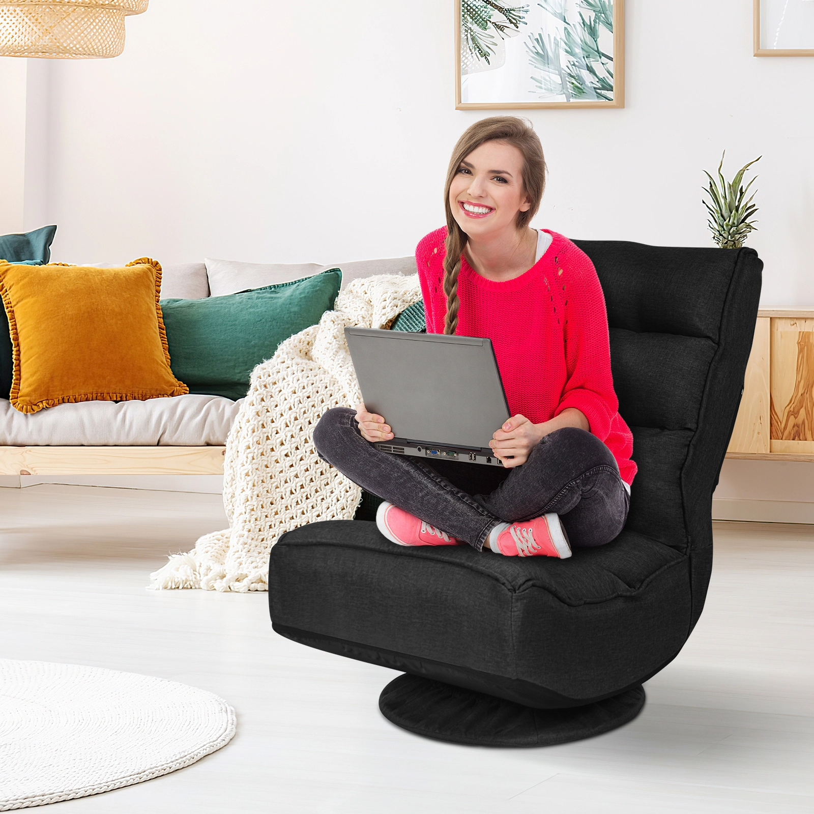 SUGIFT 5-Position Swivel Folding Floor Gaming Chair 300-lb Capacity 23-in Long Iron Frame Floor Seat Black