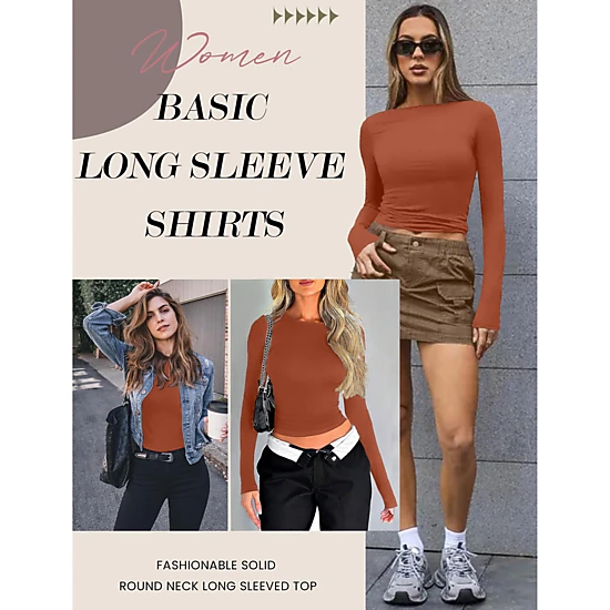 Ekouaer Slim Fit Basic Tops Underwear Shirts with Side Shirring Fashion Long Sleeve Outfit Wear