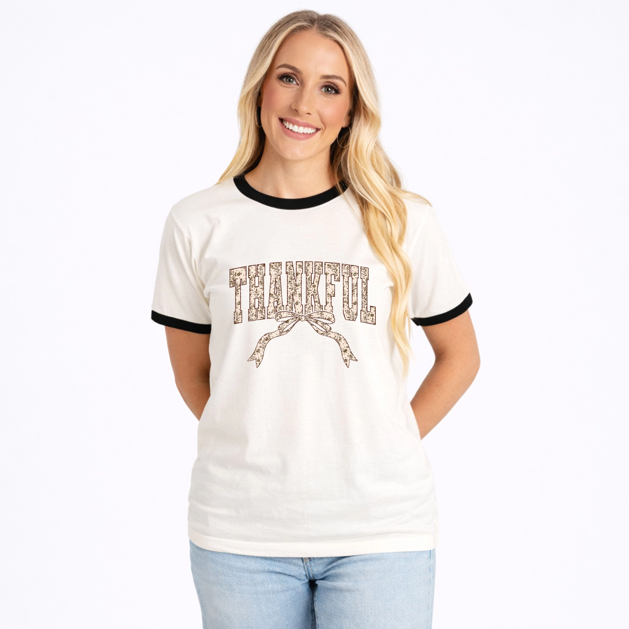 Simply Sage Market - Women's Ringer Graphic T-Shirt Thankful Floral Coquette
