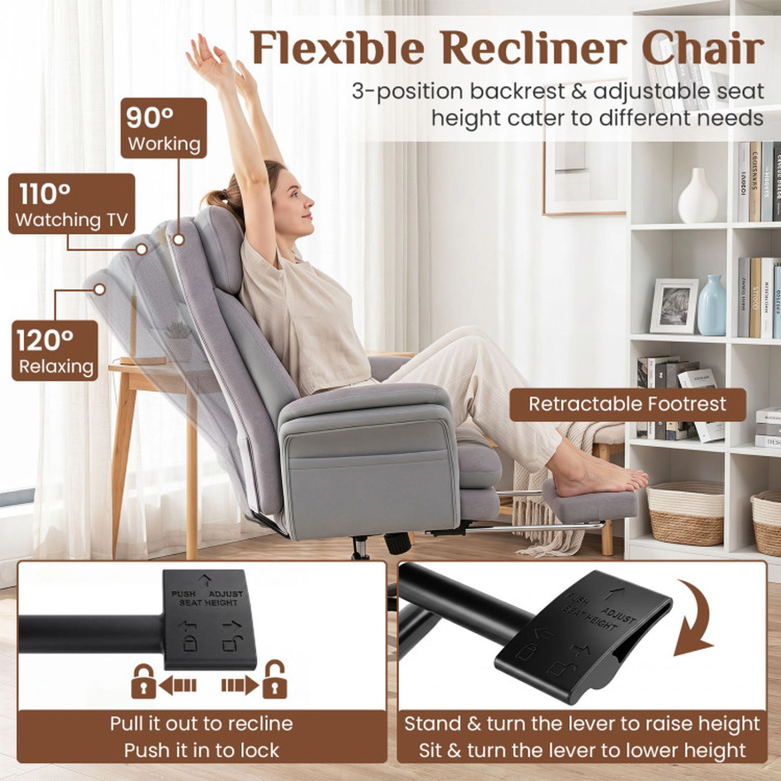SUGIFT Ergonomic Big and Tall Office Chair with 500-Lb Capacity and Retractable Footrest Gray