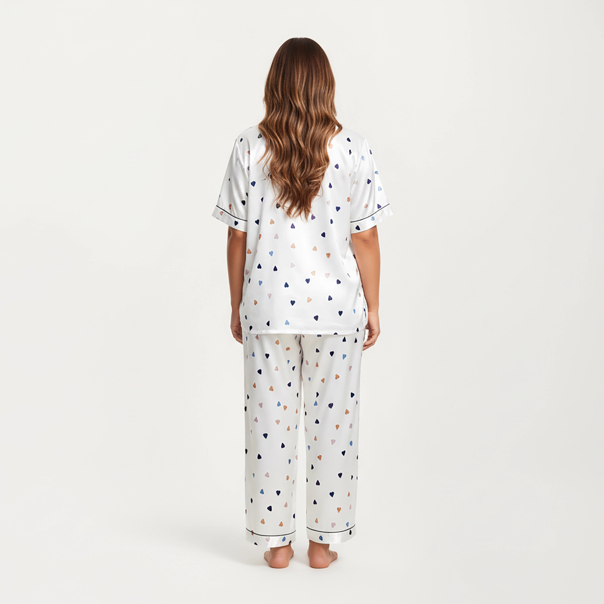 Anna-Kaci Women's Plus Valentine Heart Print Satin Pajama Set Short Sleeve Button Front Top Straight-Leg Pants
