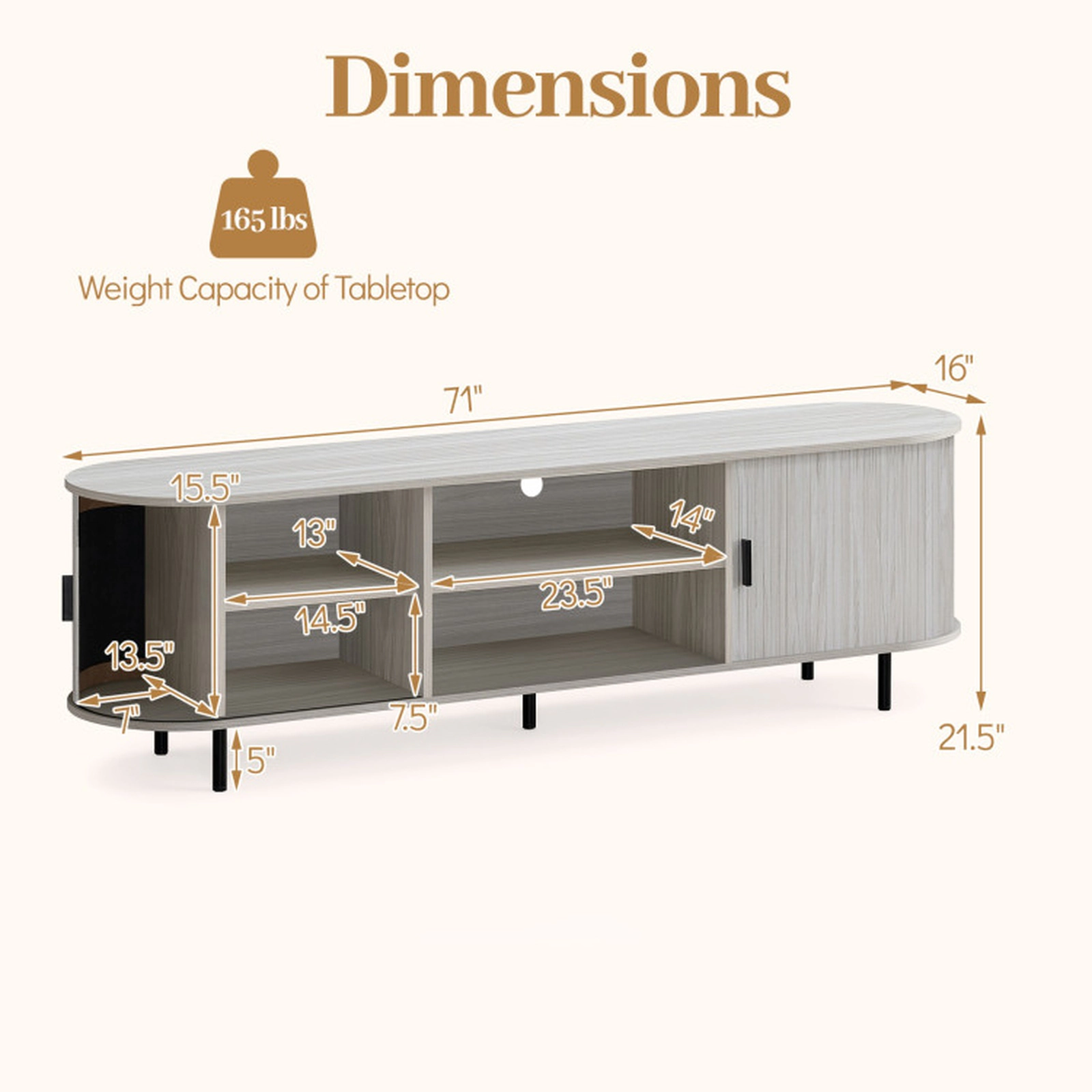 SUGIFT 71-Inch Mid-Century Modern TV Stand, 165 lb Capacity, Fluted Sliding Doors, for TVs up to 80 Inches