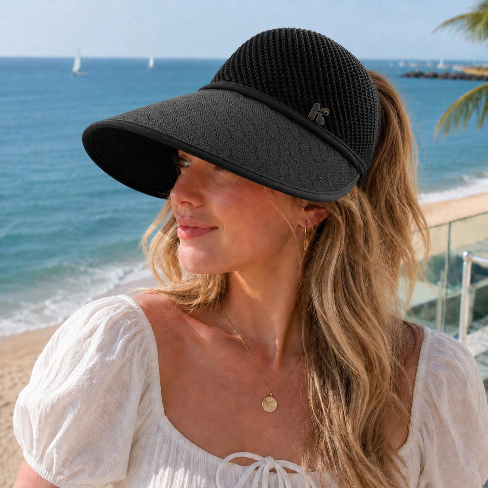 Alilang Women's Wide Brim Woven Visor Hat with UPF 50 Plus Crown Ponytail Back and Contrast Trim