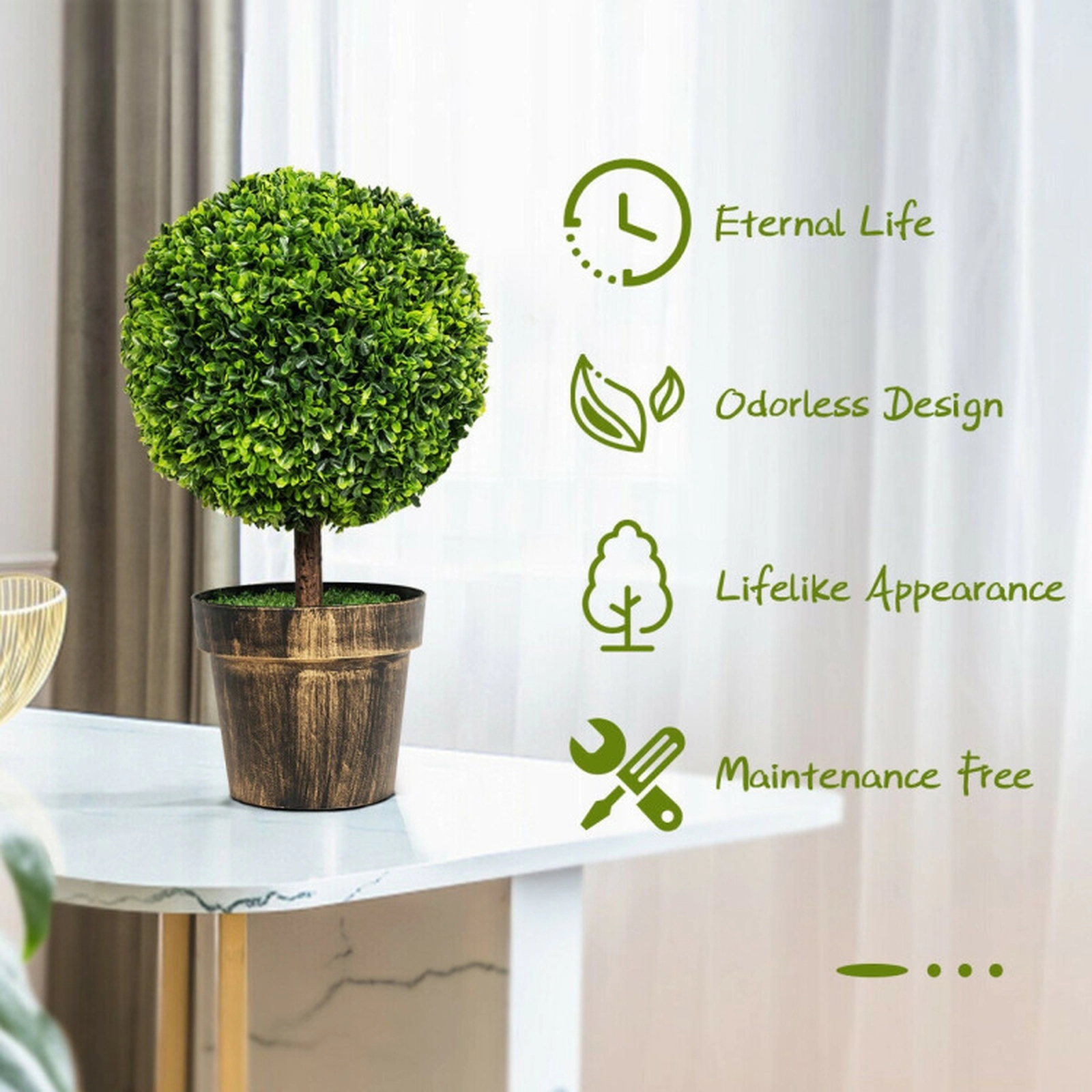 SUGIFT 2-Piece Natural Trunk Cement-Filled Pot Artificial Boxwood Topiary Ball Trees 24-in x 12-in 7-lb Each Green