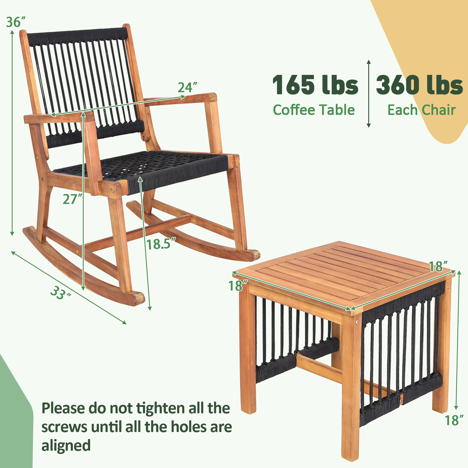 SUGIFT 3-Piece Rocking Conversation Bistro Set with Acacia Wood Frames 360-Lb Chair Capacity Black and Natural