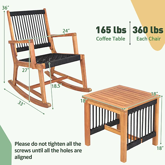 SUGIFT 3-Piece Rocking Conversation Bistro Set with Acacia Wood Frames 360-Lb Chair Capacity Black and Natural