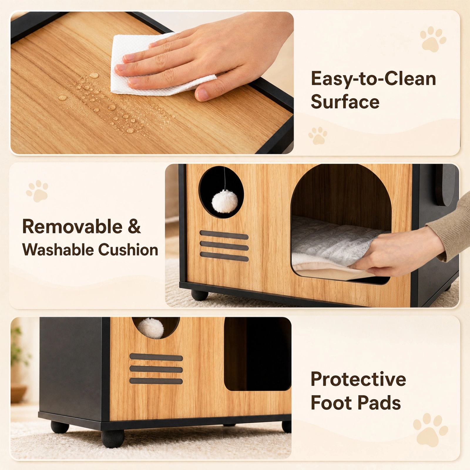 SUGIFT Black Wooden Cat House with Rope Scratching Post and Washable Cushion 19-in W 12-in D 17.5-in H