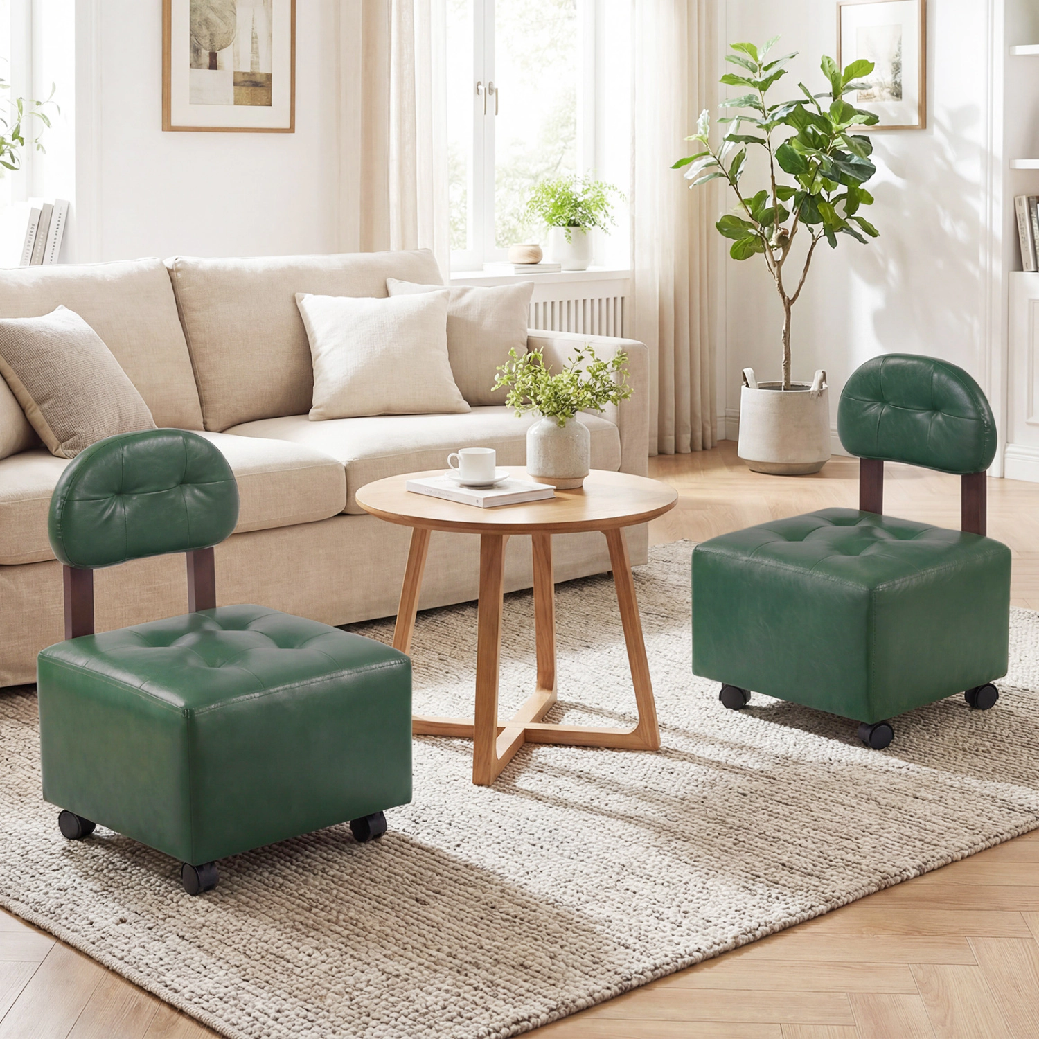Glintex 2-Piece Rolling Footstool Set with Backrests and Lockable Wheels, Green