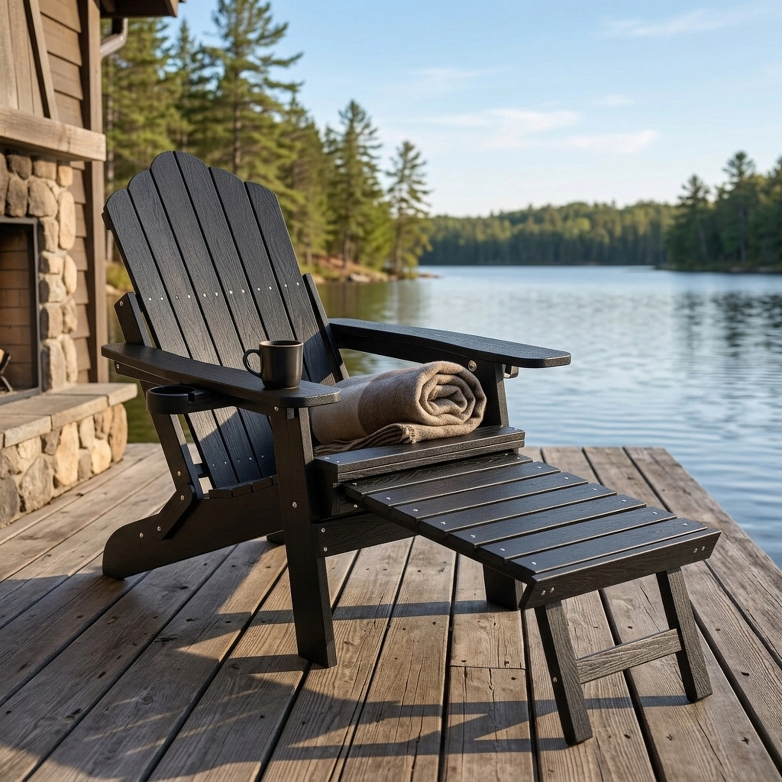 SUGIFT Black Folding Adirondack Chair with Retractable Footrest, 4-Position Recline and Rotating Cup Holder