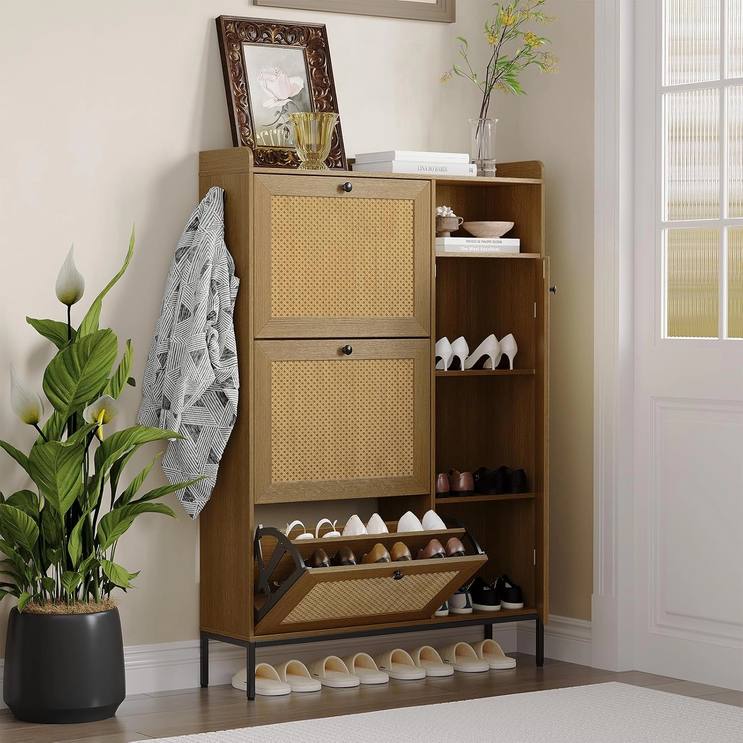BebreezChic Narrow Rattan 4-Tier Shoe Cabinet with 3 Flip Drawers,NATURAL